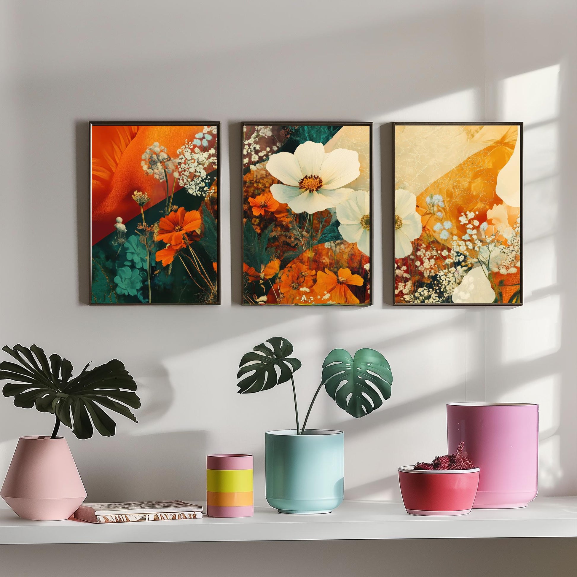 Orange Flower Collage Set of Three Art Prints - 3 Floral Cosmos Marigold Posters - Photo Wall Art Gift Botanical Illustration V4