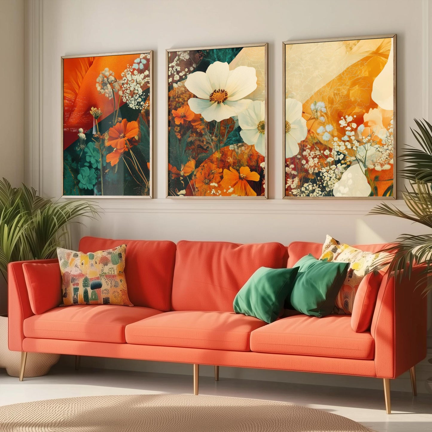 Orange Flower Collage Set of Three Art Prints - 3 Floral Cosmos Marigold Posters - Photo Wall Art Gift Botanical Illustration V4