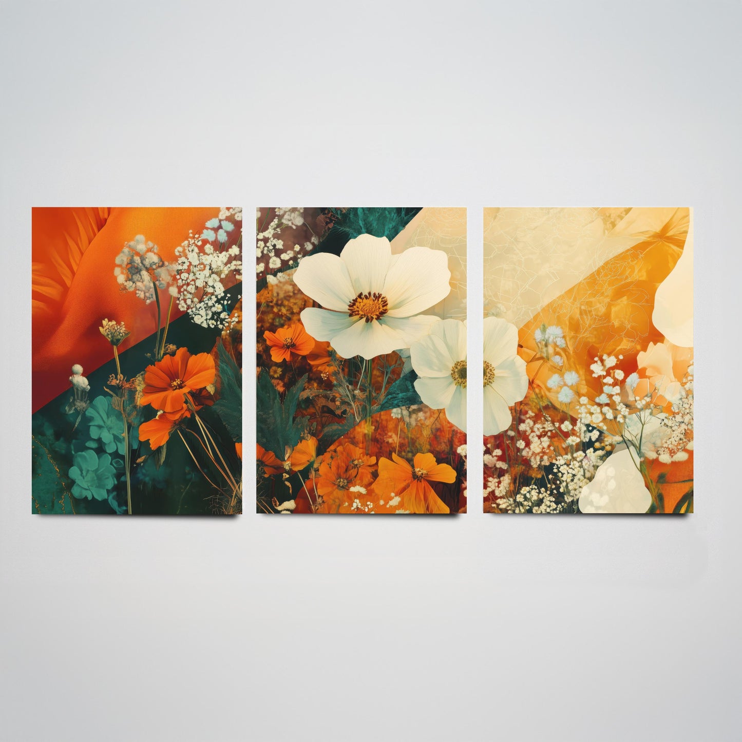Orange Flower Collage Set of Three Art Prints - 3 Floral Cosmos Marigold Posters - Photo Wall Art Gift Botanical Illustration V4