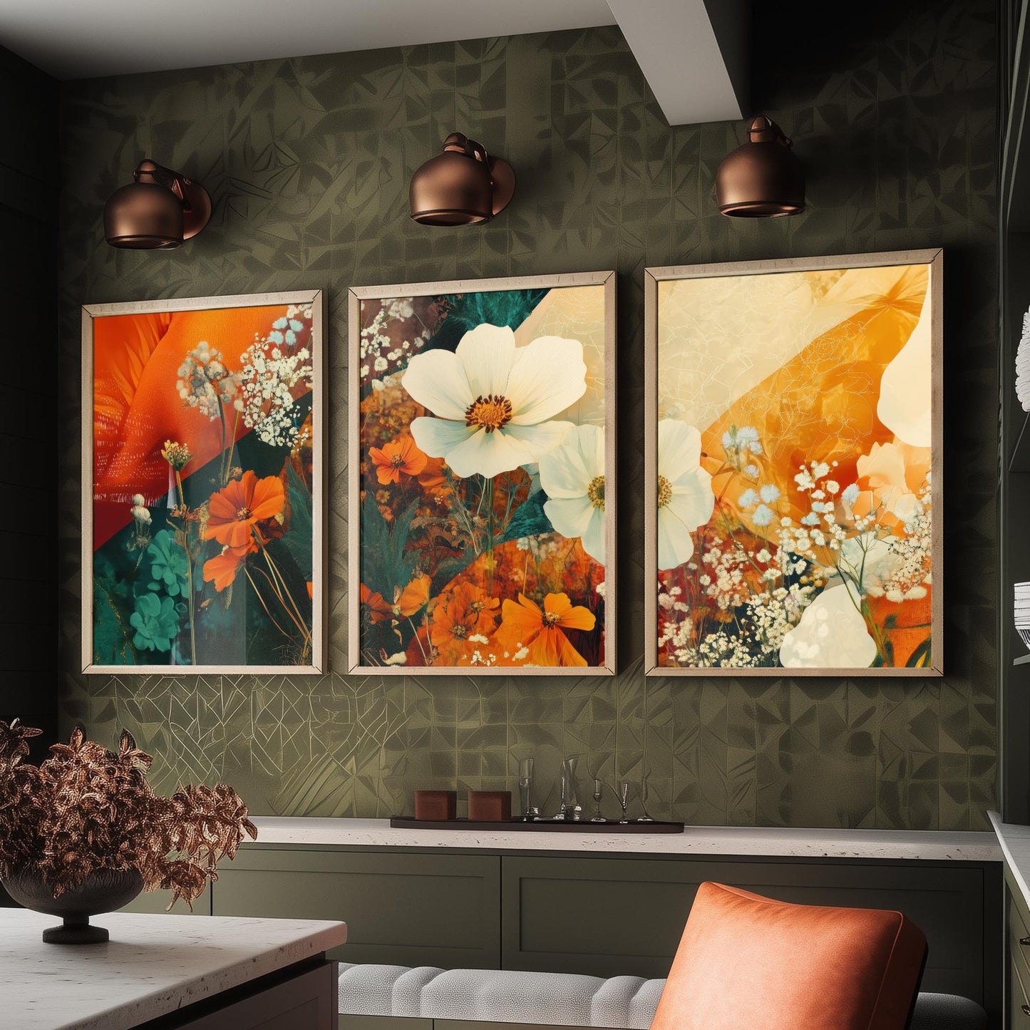 Orange Flower Collage Set of Three Art Prints - 3 Floral Cosmos Marigold Posters - Photo Wall Art Gift Botanical Illustration V4