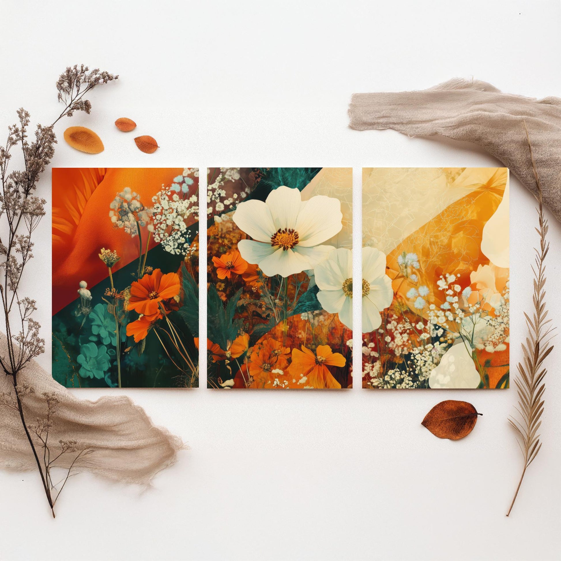 Orange Flower Collage Set of Three Art Prints - 3 Floral Cosmos Marigold Posters - Photo Wall Art Gift Botanical Illustration V4