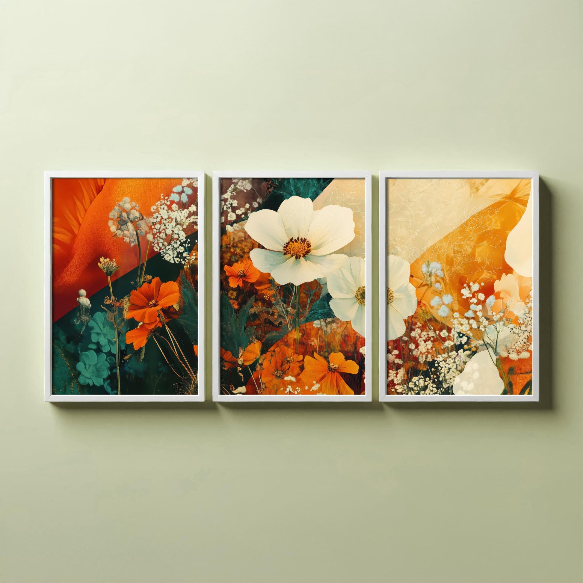 Orange Flower Collage Set of Three Art Prints - 3 Floral Cosmos Marigold Posters - Photo Wall Art Gift Botanical Illustration V4