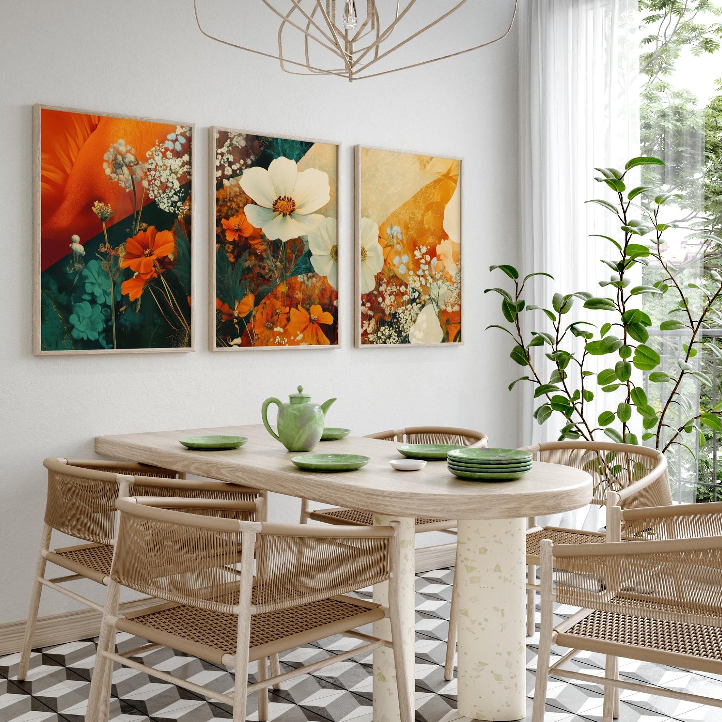 Orange Flower Collage Set of Three Art Prints - 3 Floral Cosmos Marigold Posters - Photo Wall Art Gift Botanical Illustration V4