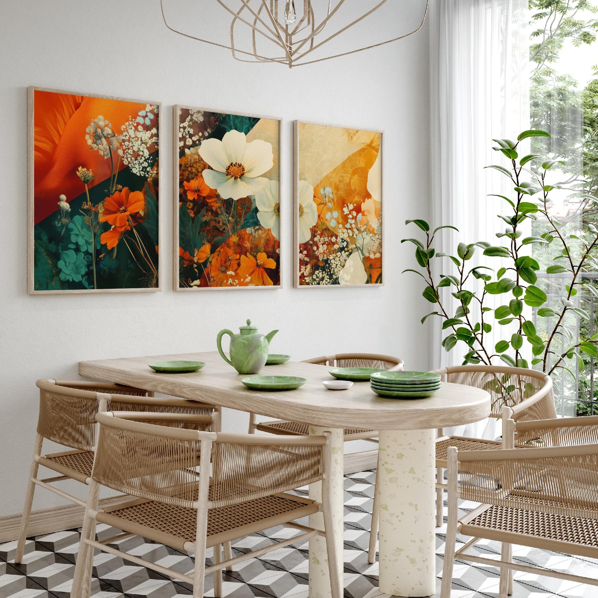 Orange Flower Collage Set of Three Art Prints - 3 Floral Cosmos Marigold Posters - Photo Wall Art Gift Botanical Illustration V4