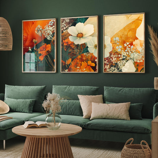 Orange Flower Collage Set of Three Art Prints - 3 Floral Cosmos Marigold Posters - Photo Wall Art Gift Botanical Illustration V4
