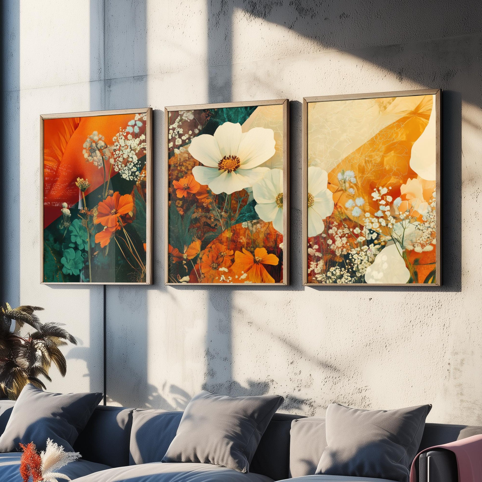 Orange Flower Collage Set of Three Art Prints - 3 Floral Cosmos Marigold Posters - Photo Wall Art Gift Botanical Illustration V4