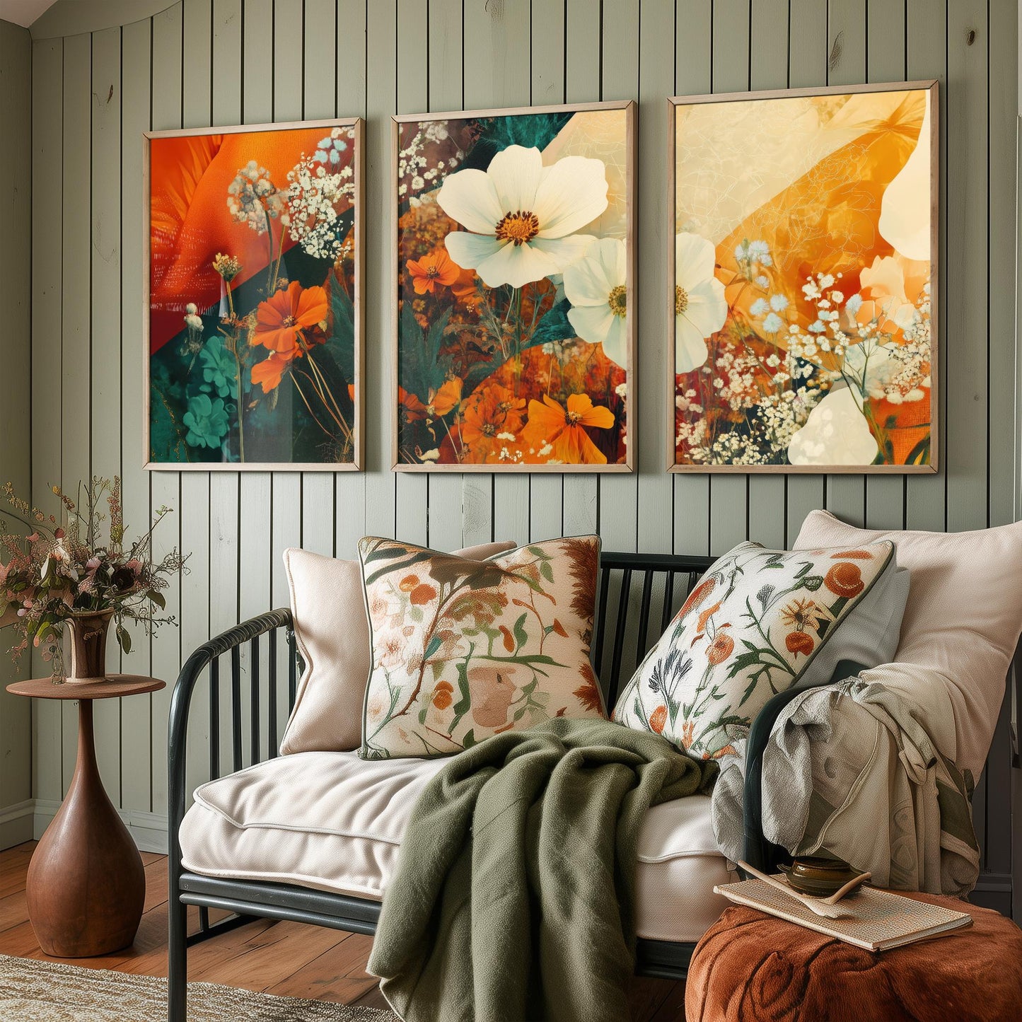 Orange Flower Collage Set of Three Art Prints - 3 Floral Cosmos Marigold Posters - Photo Wall Art Gift Botanical Illustration V4