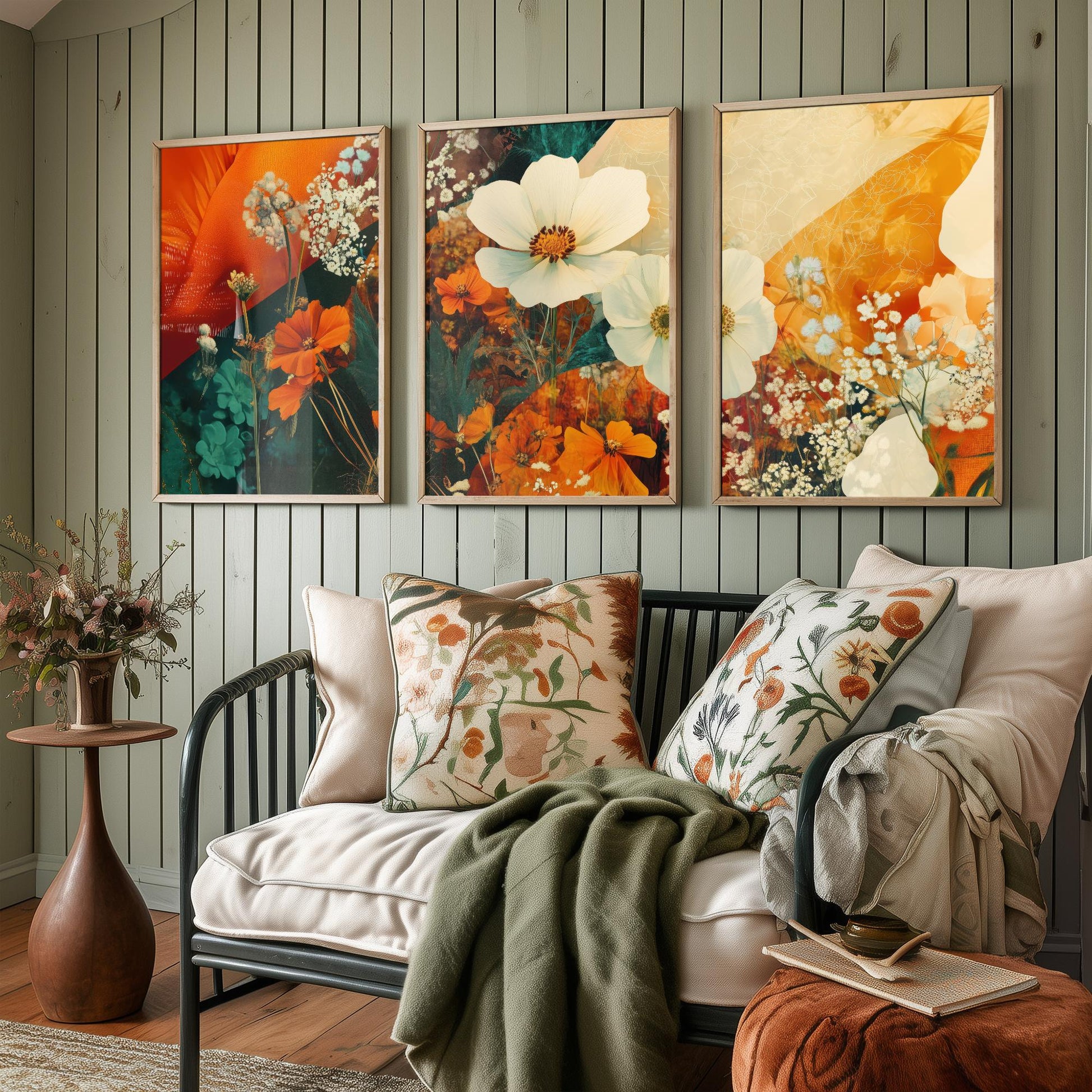 Orange Flower Collage Set of Three Art Prints - 3 Floral Cosmos Marigold Posters - Photo Wall Art Gift Botanical Illustration V4