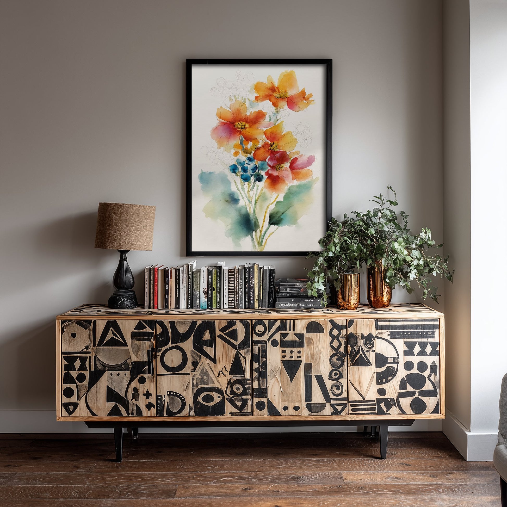Orange Cosmos Watercolour Art Print - Loose Floral Bouquet Poster - Modern Botanical Wall Art 2/3