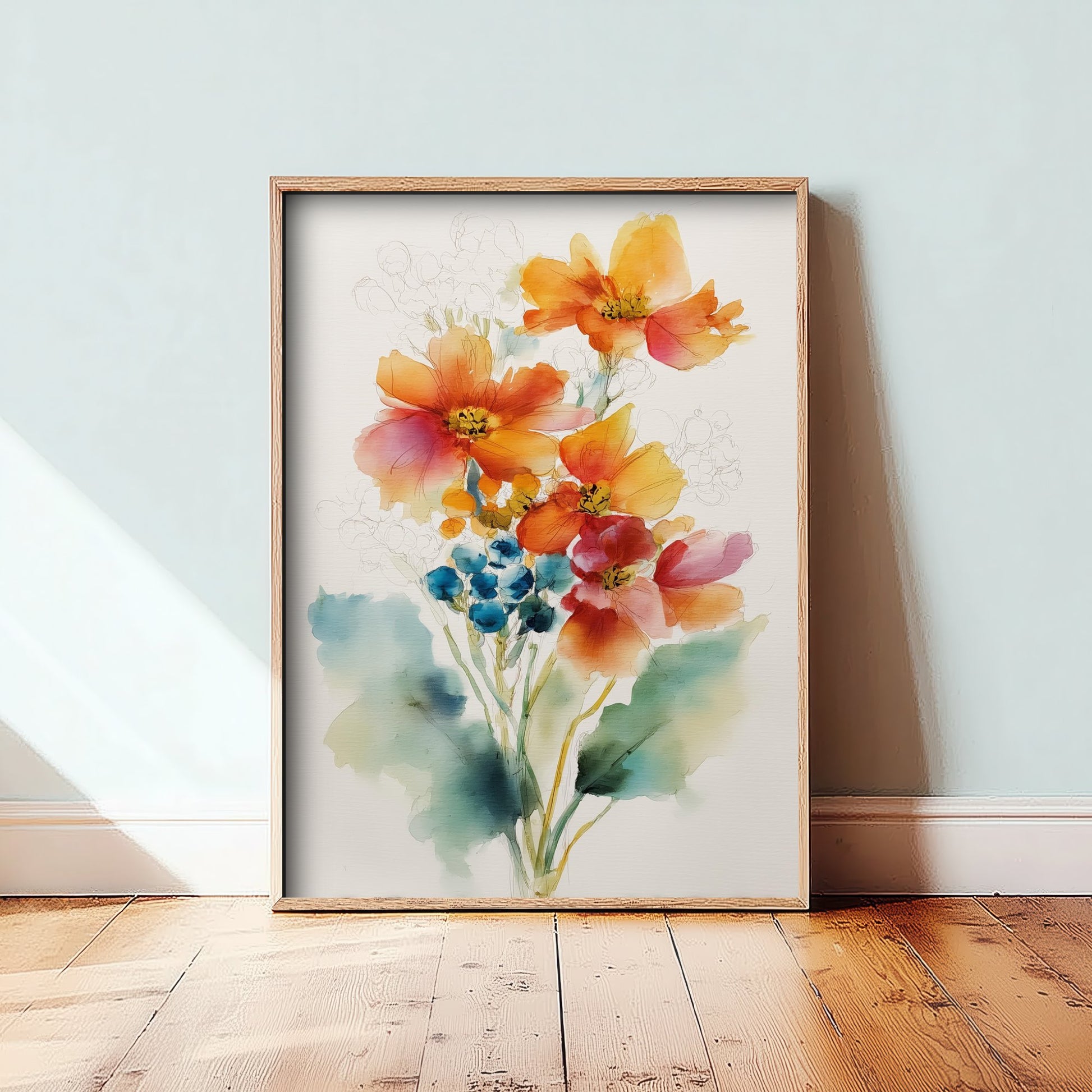 Orange Cosmos Watercolour Art Print - Loose Floral Bouquet Poster - Modern Botanical Wall Art 2/3