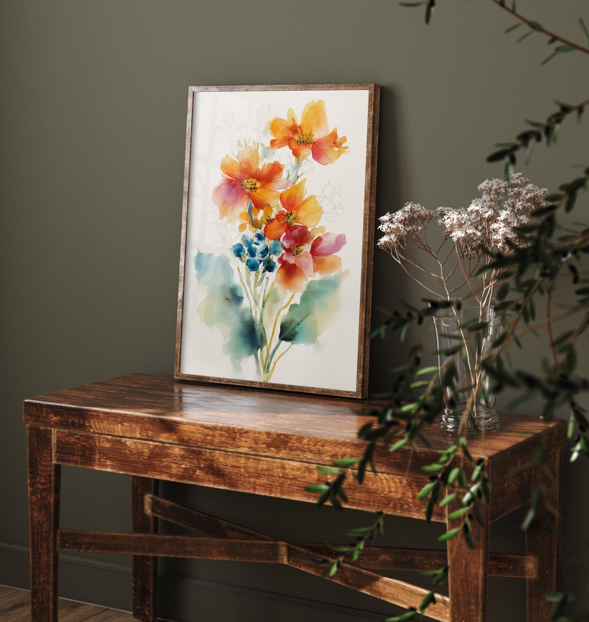 Orange Cosmos Watercolour Art Print - Loose Floral Bouquet Poster - Modern Botanical Wall Art 2/3