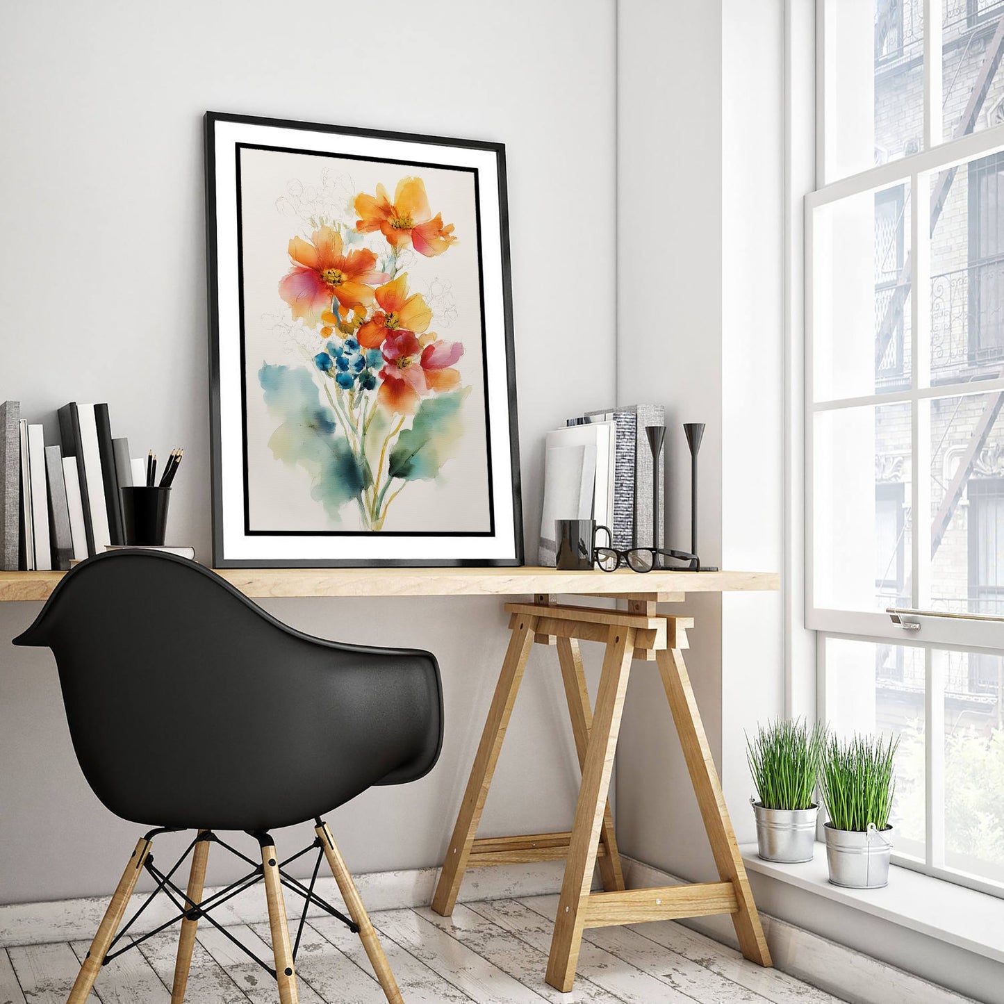 Orange Cosmos Watercolour Art Print - Loose Floral Bouquet Poster - Modern Botanical Wall Art 2/3