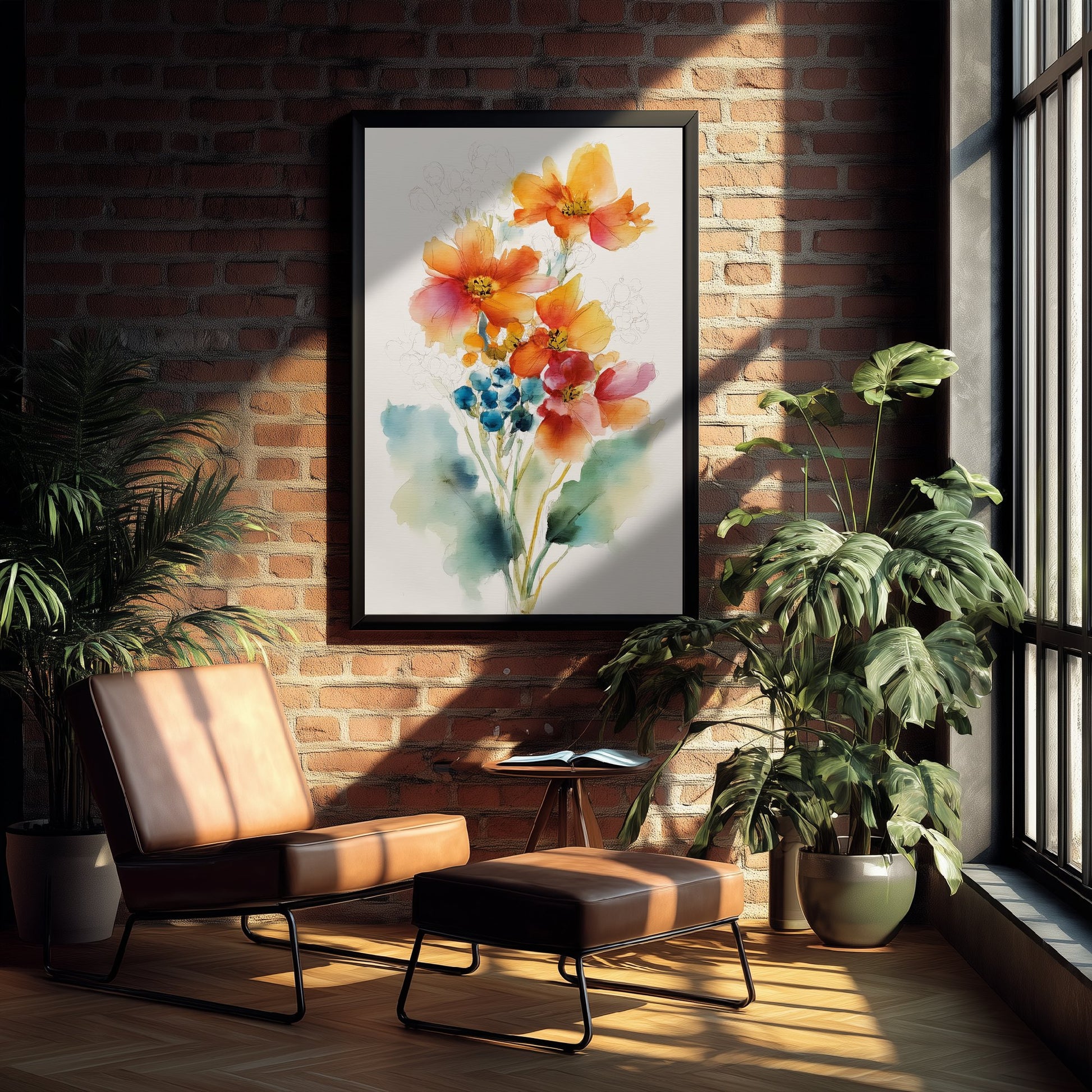 Orange Cosmos Watercolour Art Print - Loose Floral Bouquet Poster - Modern Botanical Wall Art 2/3