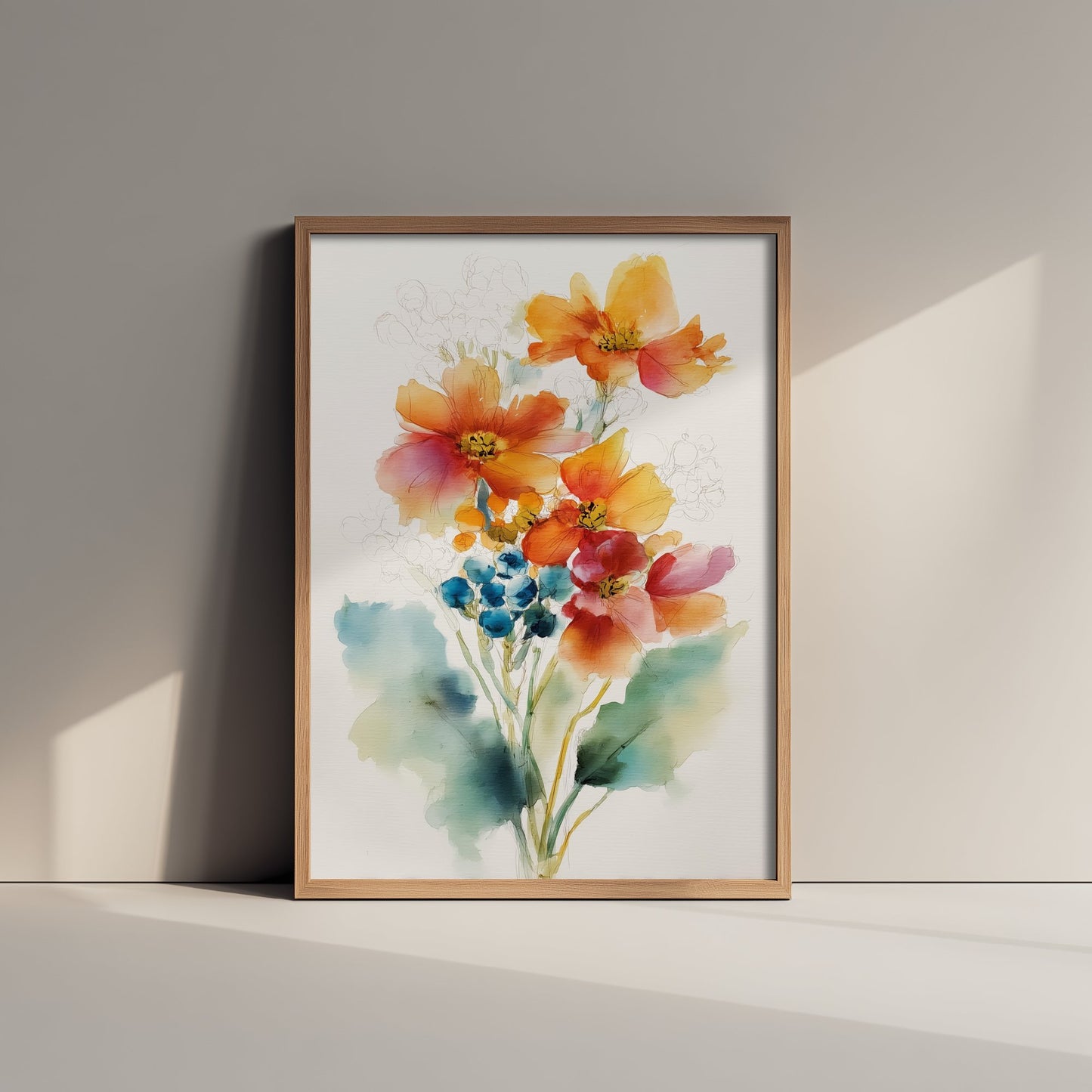 Orange Cosmos Watercolour Art Print - Loose Floral Bouquet Poster - Modern Botanical Wall Art 2/3
