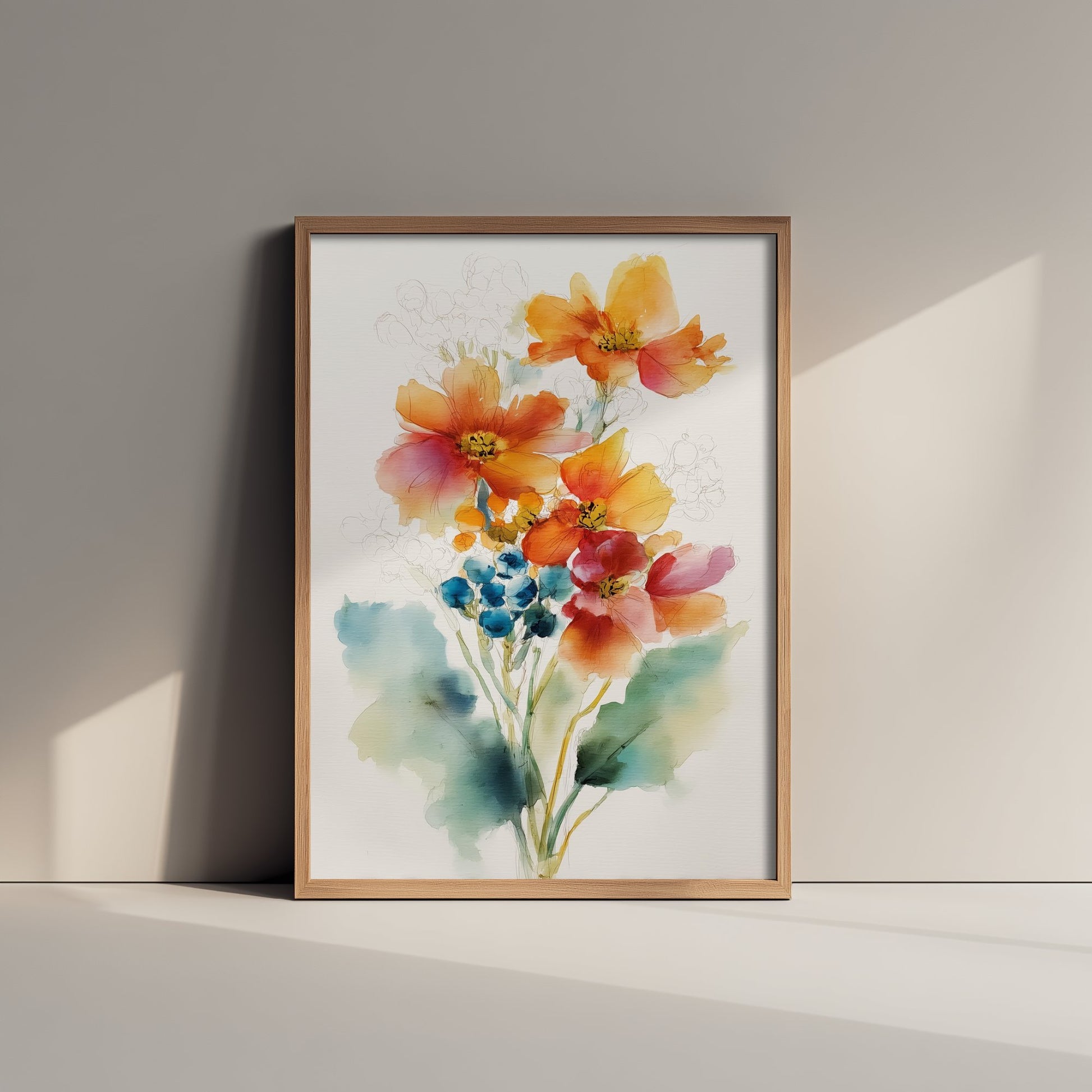 Orange Cosmos Watercolour Art Print - Loose Floral Bouquet Poster - Modern Botanical Wall Art 2/3