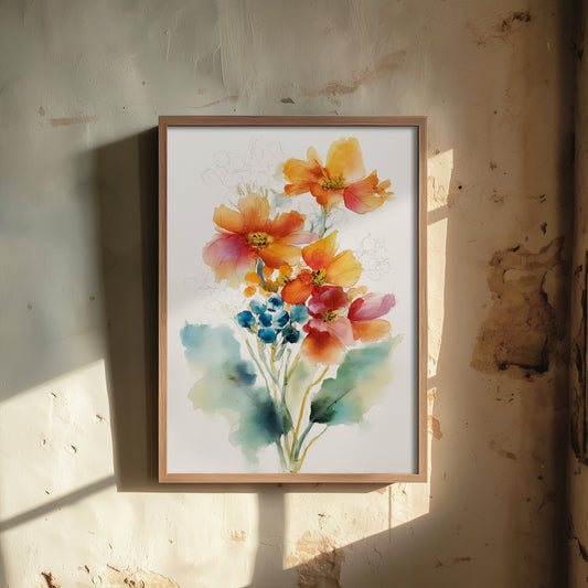 Orange Cosmos Watercolour Art Print - Loose Floral Bouquet Poster - Modern Botanical Wall Art 2/3