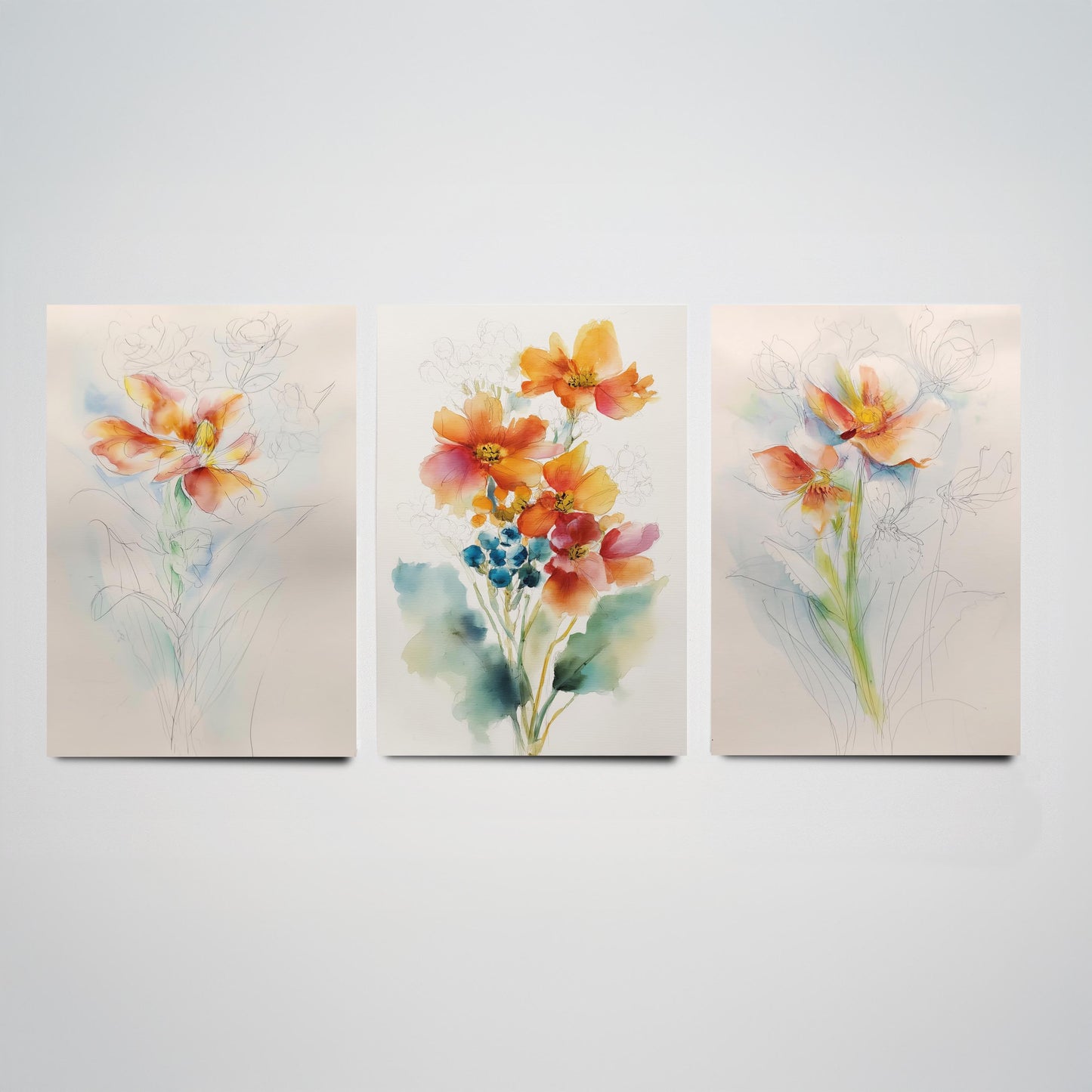 Orange Watercolour Flowers Set of Three Art Prints - 3 Loose Floral Bouquet Posters - Photo Wall Art Gift Botanical Watercolour