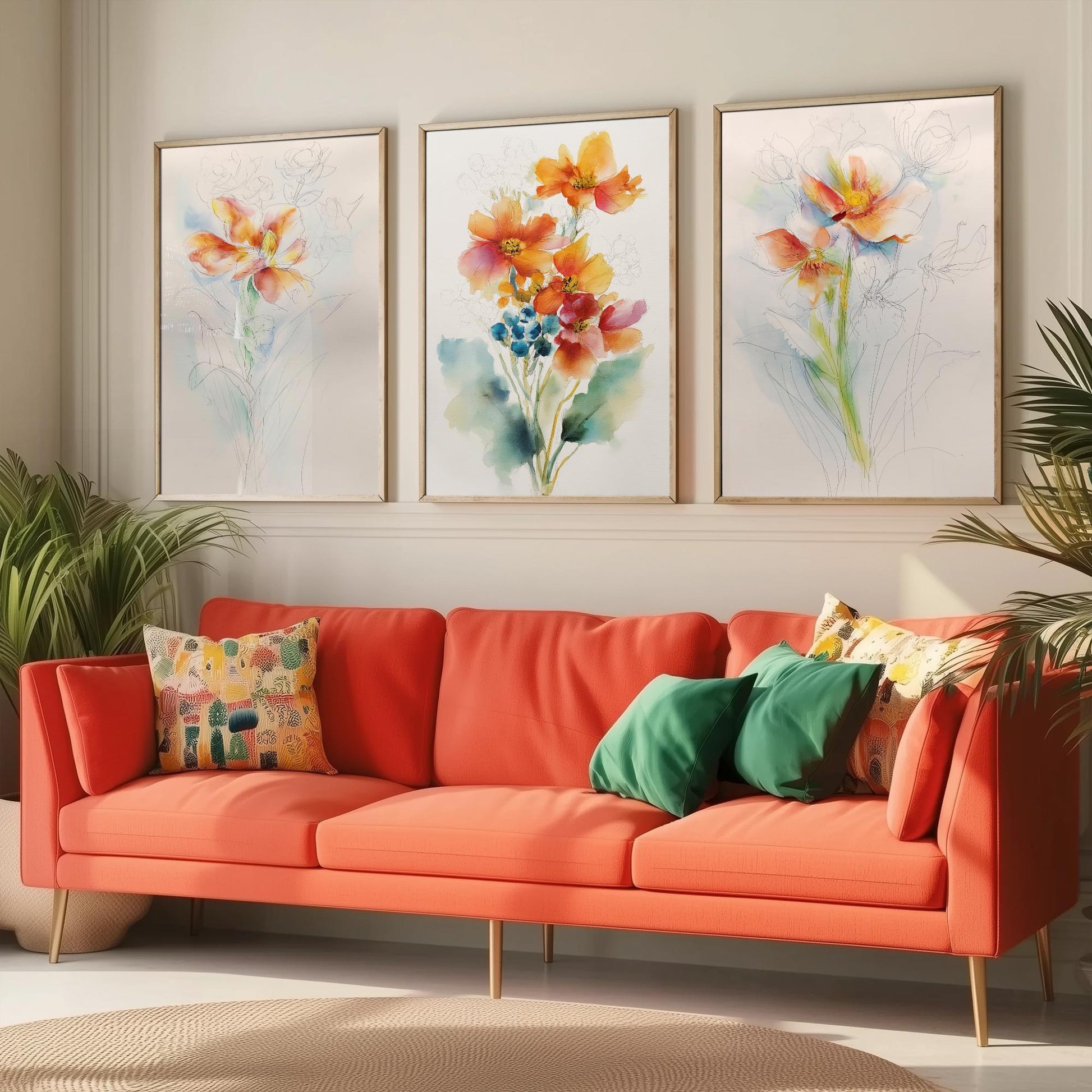 Orange Watercolour Flowers Set of Three Art Prints - 3 Loose Floral Bouquet Posters - Photo Wall Art Gift Botanical Watercolour