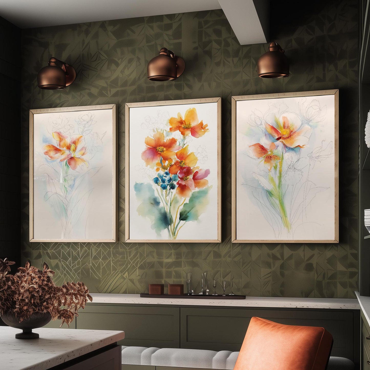 Orange Watercolour Flowers Set of Three Art Prints - 3 Loose Floral Bouquet Posters - Photo Wall Art Gift Botanical Watercolour