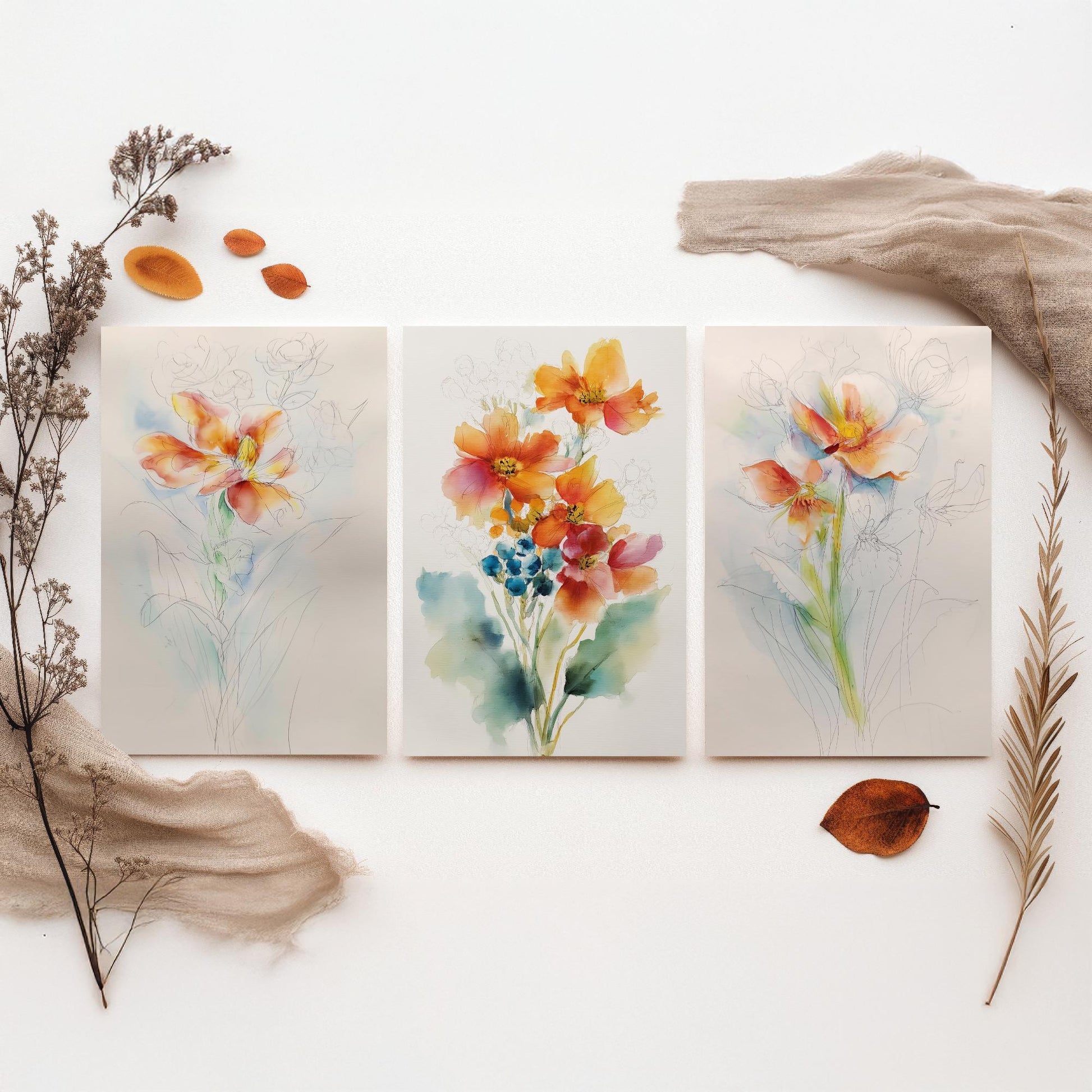 Orange Watercolour Flowers Set of Three Art Prints - 3 Loose Floral Bouquet Posters - Photo Wall Art Gift Botanical Watercolour