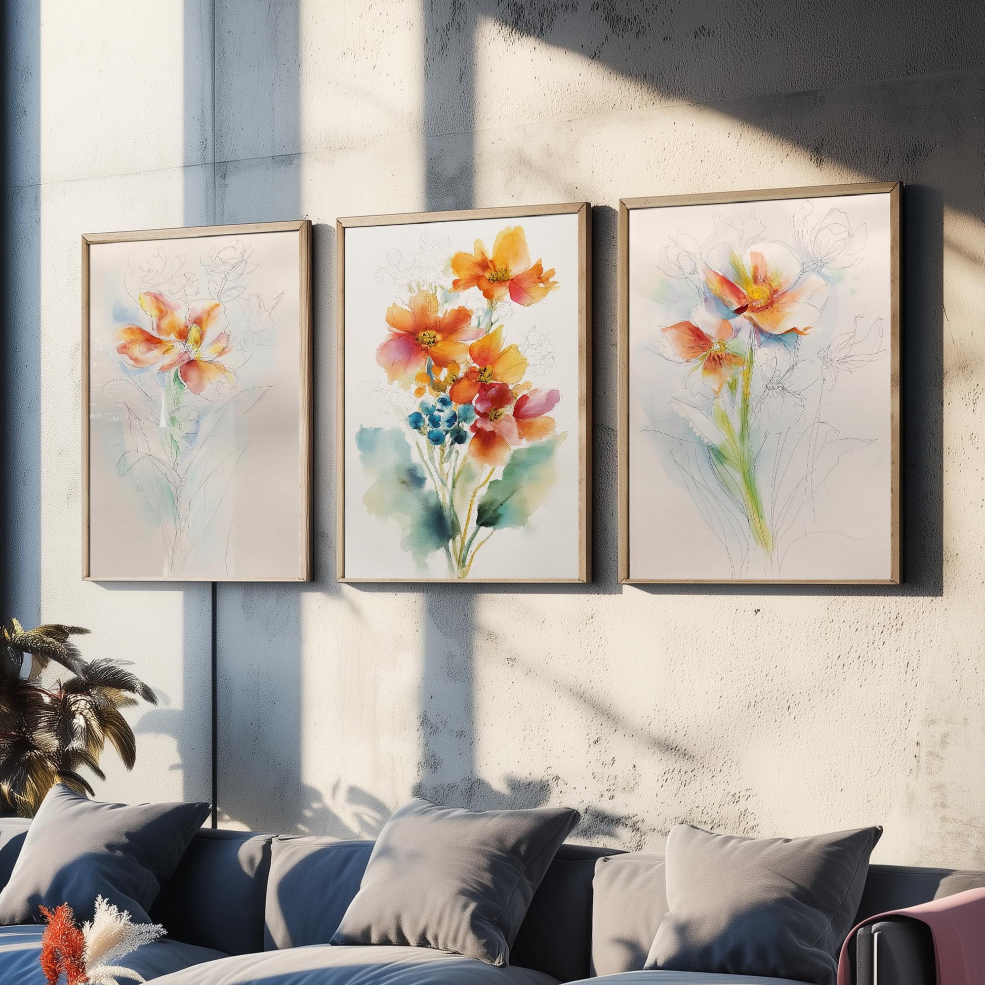 Orange Watercolour Flowers Set of Three Art Prints - 3 Loose Floral Bouquet Posters - Photo Wall Art Gift Botanical Watercolour