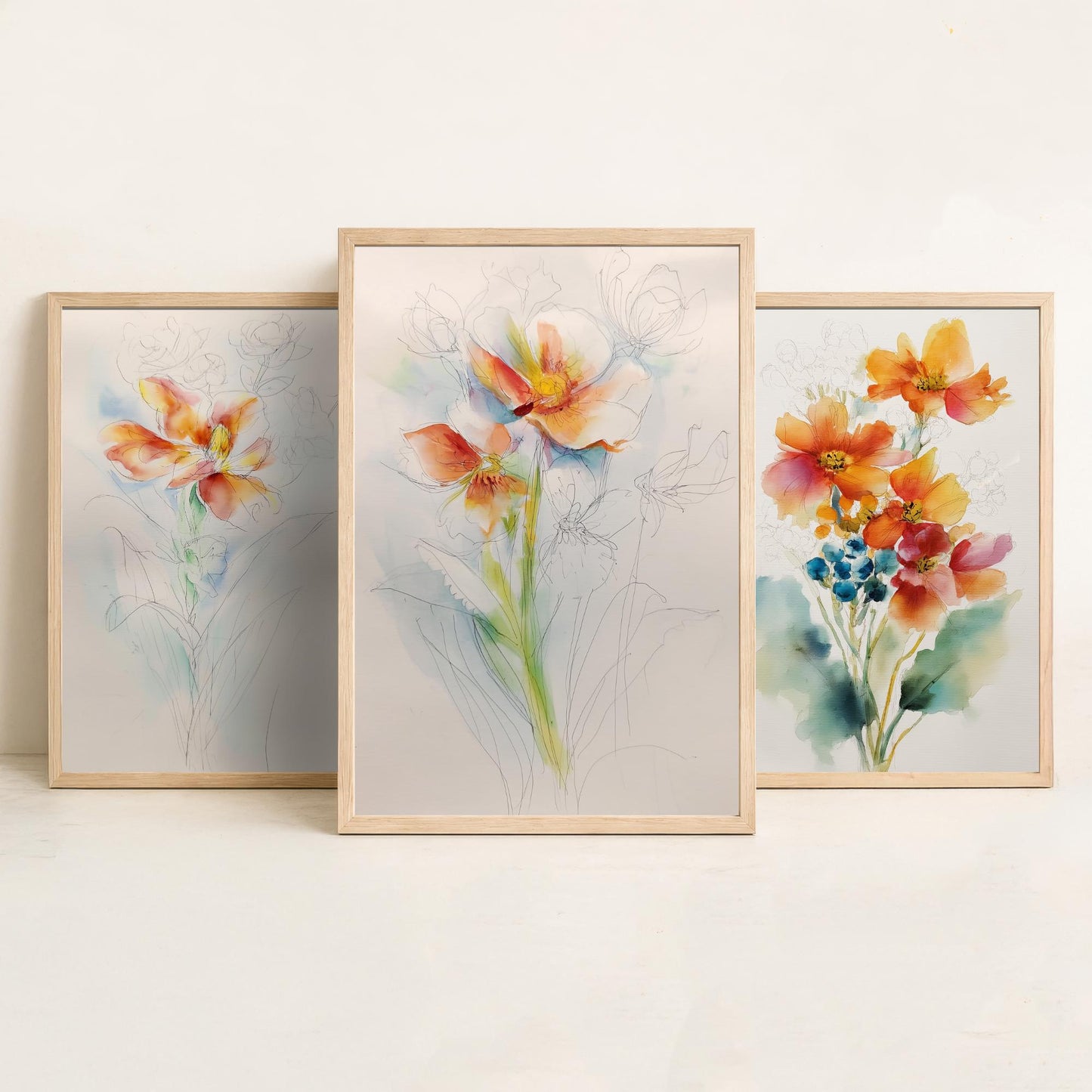 Orange Watercolour Flowers Set of Three Art Prints - 3 Loose Floral Bouquet Posters - Photo Wall Art Gift Botanical Watercolour