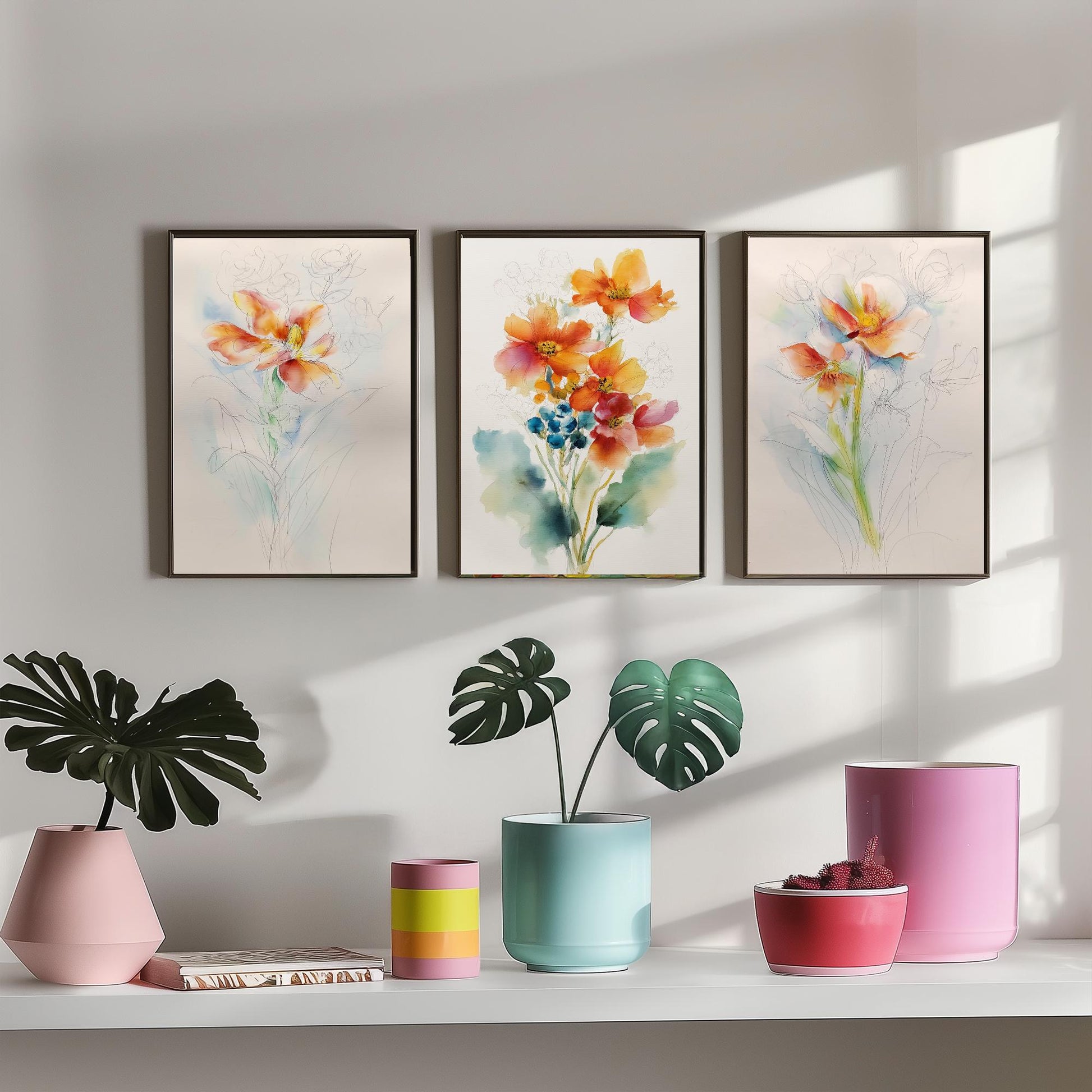 Orange Watercolour Flowers Set of Three Art Prints - 3 Loose Floral Bouquet Posters - Photo Wall Art Gift Botanical Watercolour