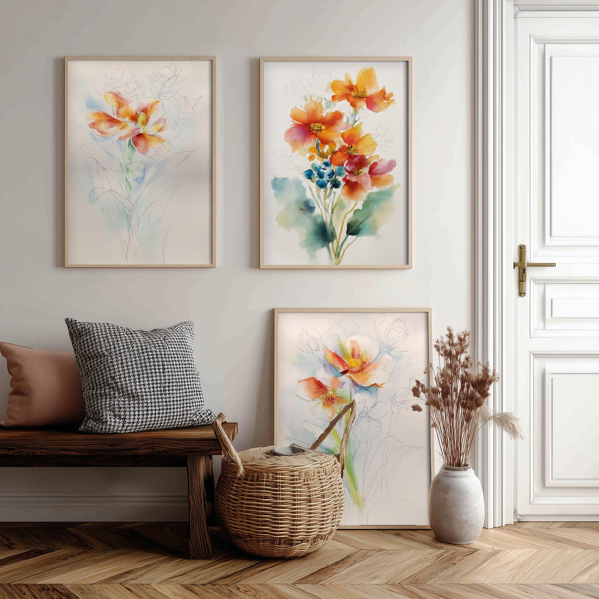 Orange Watercolour Flowers Set of Three Art Prints - 3 Loose Floral Bouquet Posters - Photo Wall Art Gift Botanical Watercolour