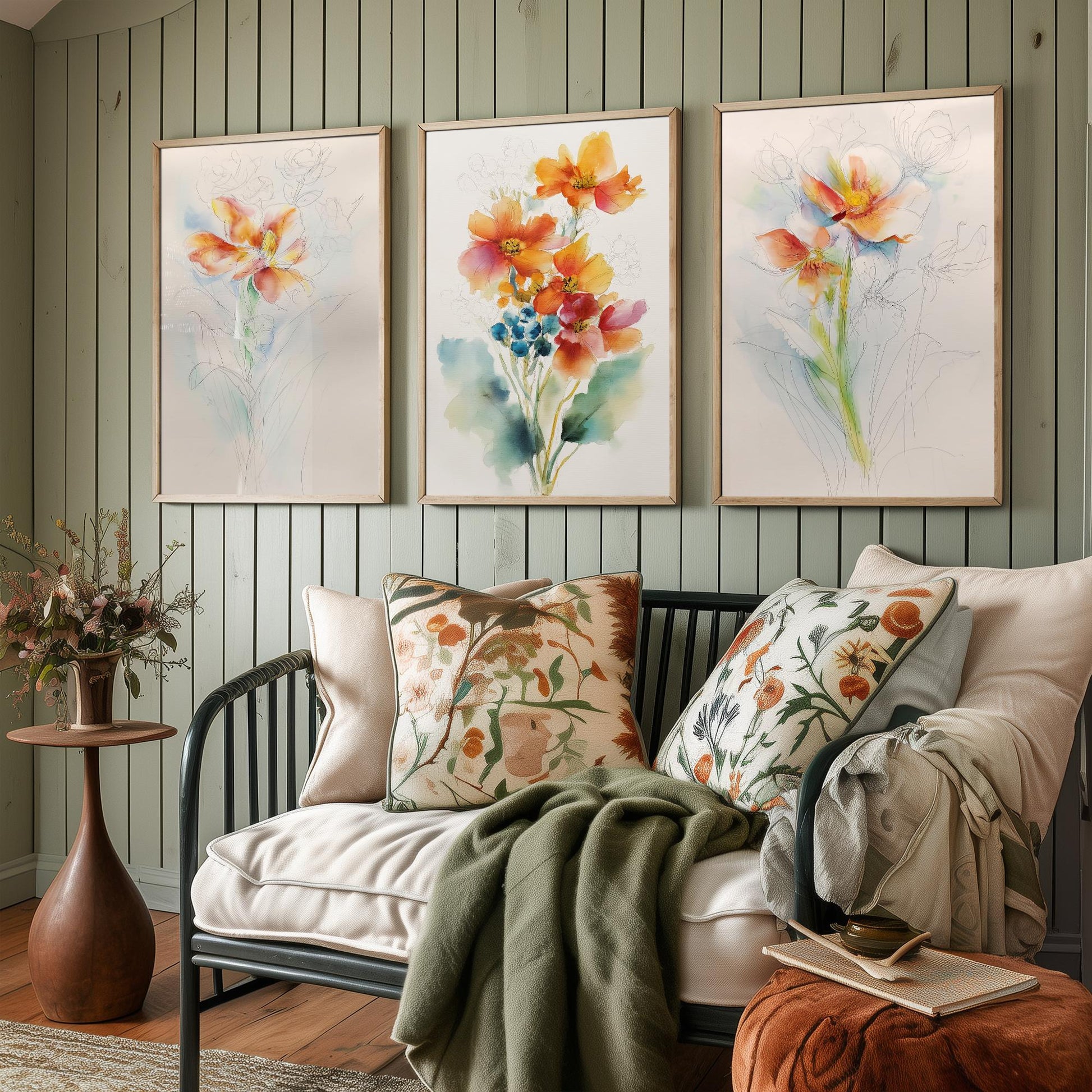 Orange Watercolour Flowers Set of Three Art Prints - 3 Loose Floral Bouquet Posters - Photo Wall Art Gift Botanical Watercolour