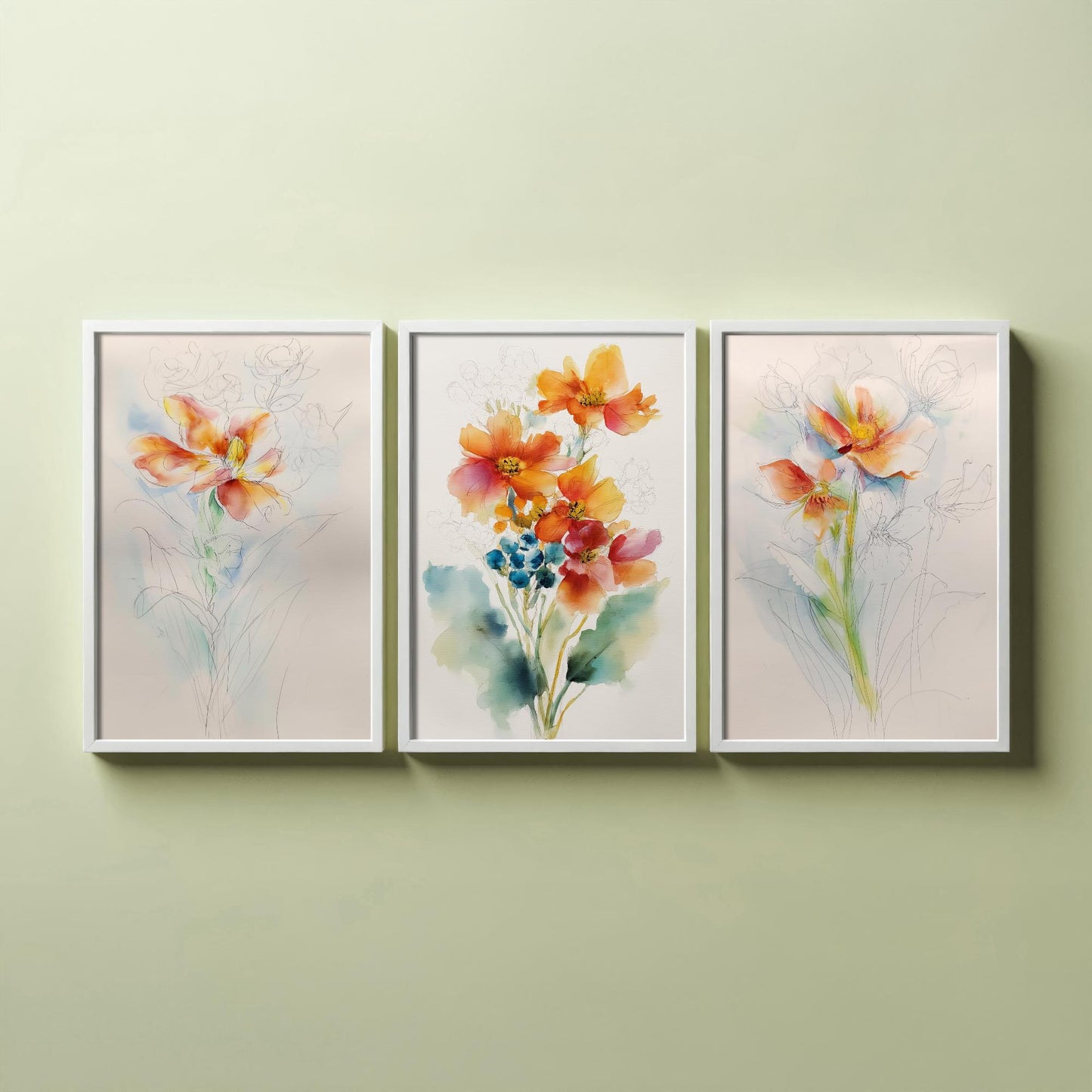 Orange Watercolour Flowers Set of Three Art Prints - 3 Loose Floral Bouquet Posters - Photo Wall Art Gift Botanical Watercolour