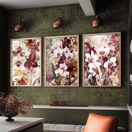Victorian Orchids Set of Three Art Prints - Burgundy, Blush and Gold Blooms - Lush Botanical Poster Illustration