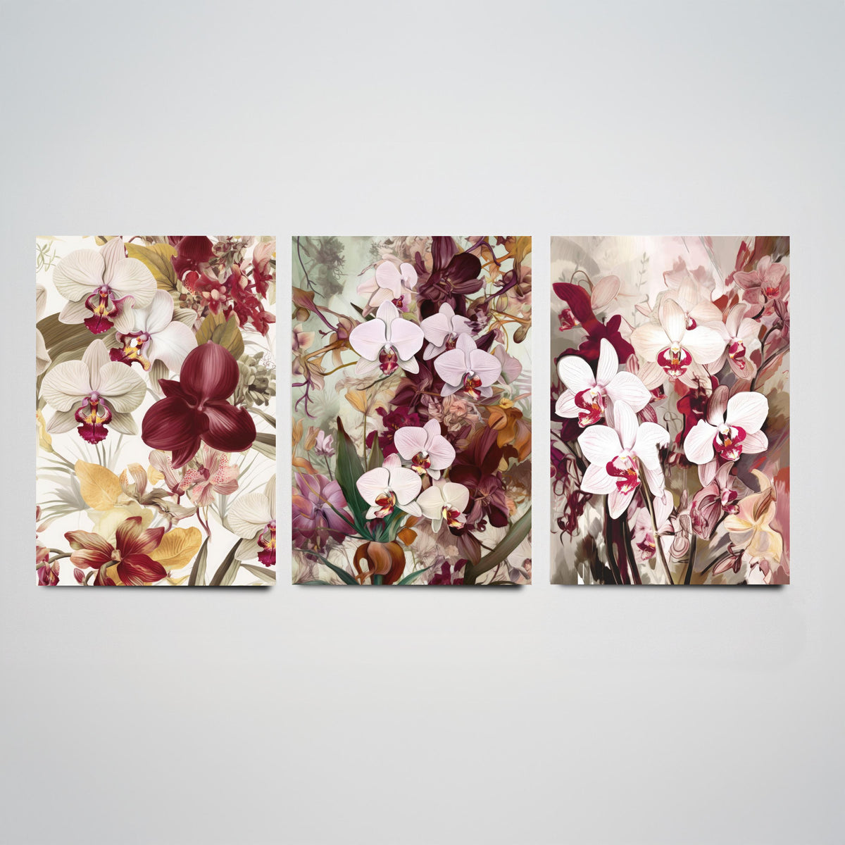 Victorian Orchids Set of Three Art Prints - Burgundy, Blush and Gold Blooms - Lush Botanical Poster Illustration