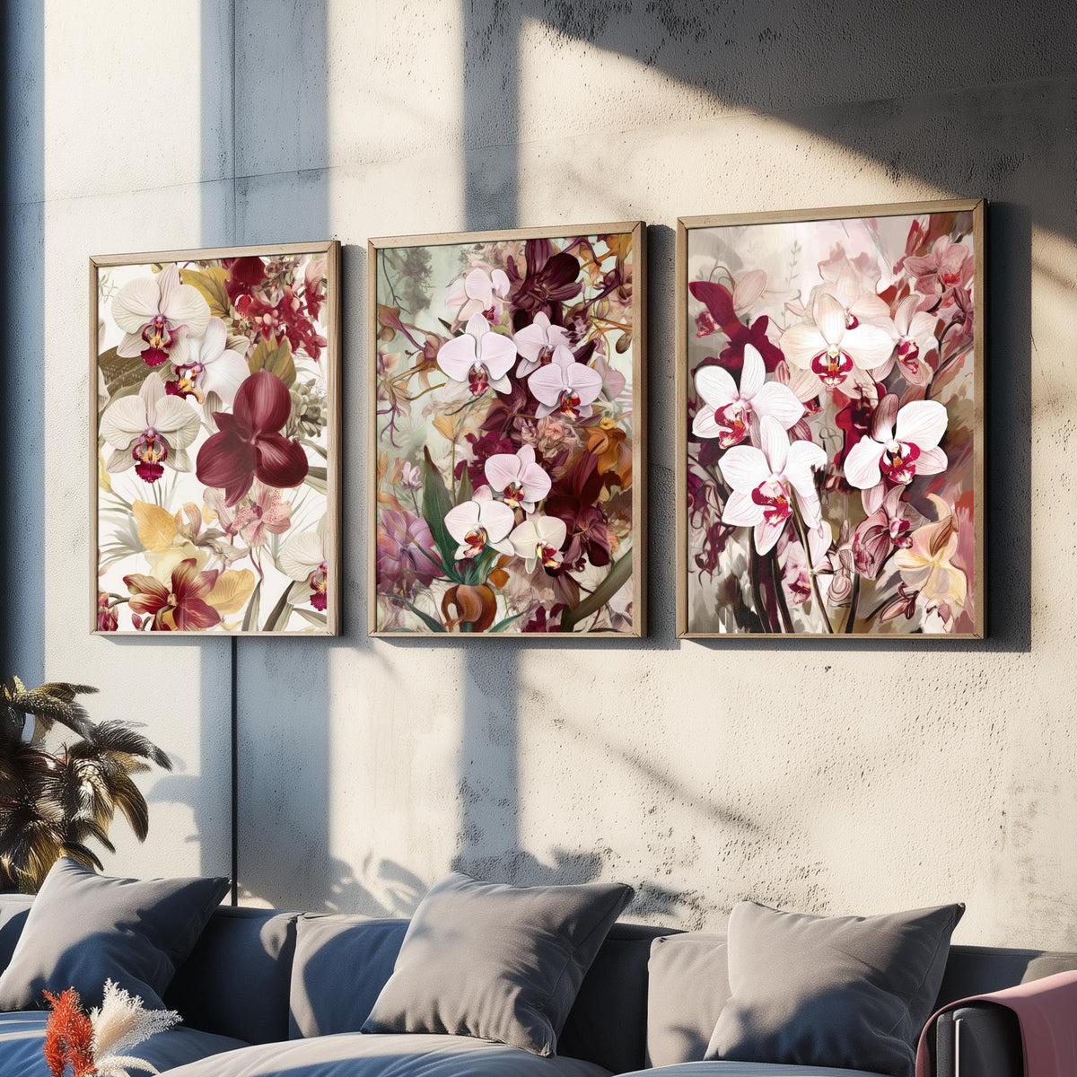 Victorian Orchids Set of Three Art Prints - Burgundy, Blush and Gold Blooms - Lush Botanical Poster Illustration