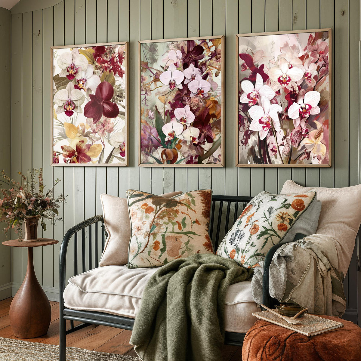 Victorian Orchids Set of Three Art Prints - Burgundy, Blush and Gold Blooms - Lush Botanical Poster Illustration