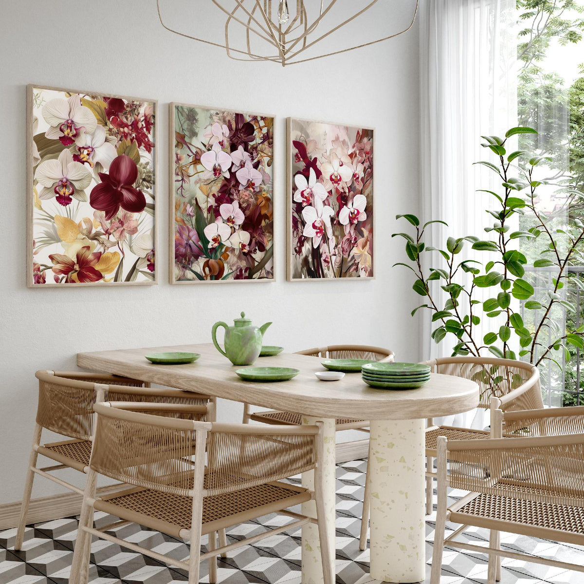 Victorian Orchids Set of Three Art Prints - Burgundy, Blush and Gold Blooms - Lush Botanical Poster Illustration