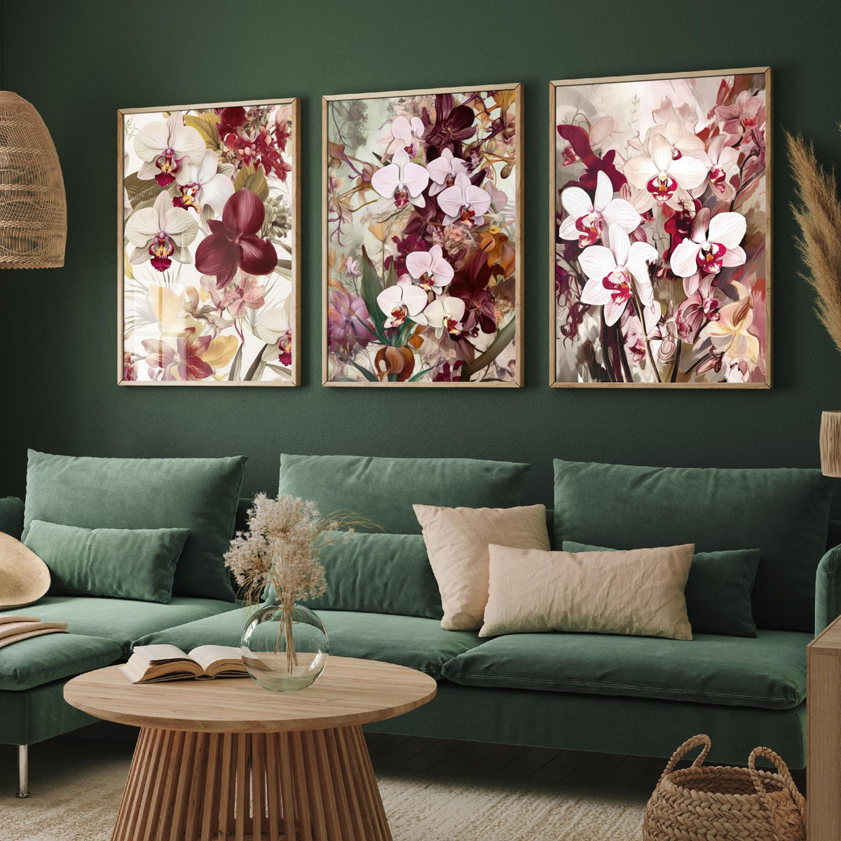 Victorian Orchids Set of Three Art Prints - Burgundy, Blush and Gold Blooms - Lush Botanical Poster Illustration
