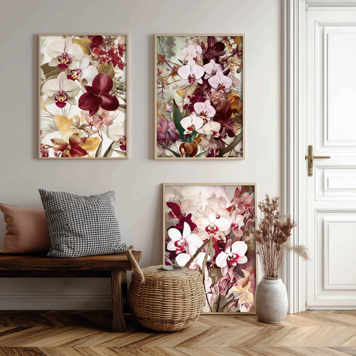 Victorian Orchids Set of Three Art Prints - Burgundy, Blush and Gold Blooms - Lush Botanical Poster Illustration
