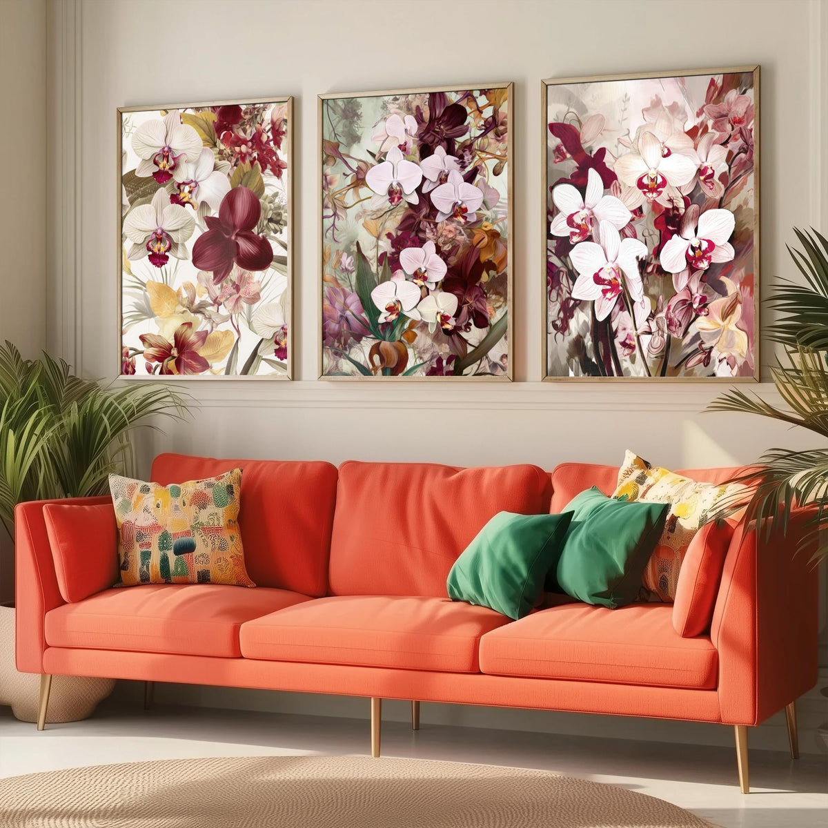 Victorian Orchids Set of Three Art Prints - Burgundy, Blush and Gold Blooms - Lush Botanical Poster Illustration