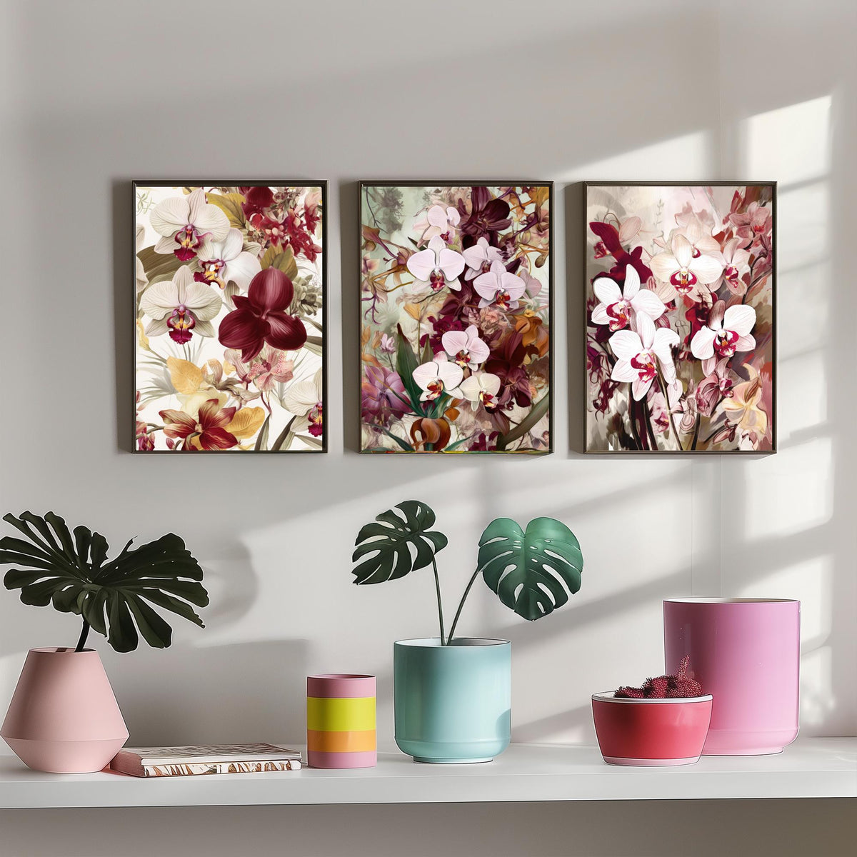 Victorian Orchids Set of Three Art Prints - Burgundy, Blush and Gold Blooms - Lush Botanical Poster Illustration