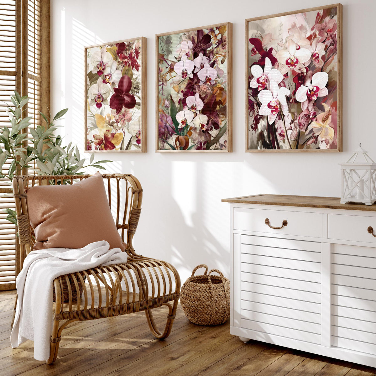 Victorian Orchids Set of Three Art Prints - Burgundy, Blush and Gold Blooms - Lush Botanical Poster Illustration