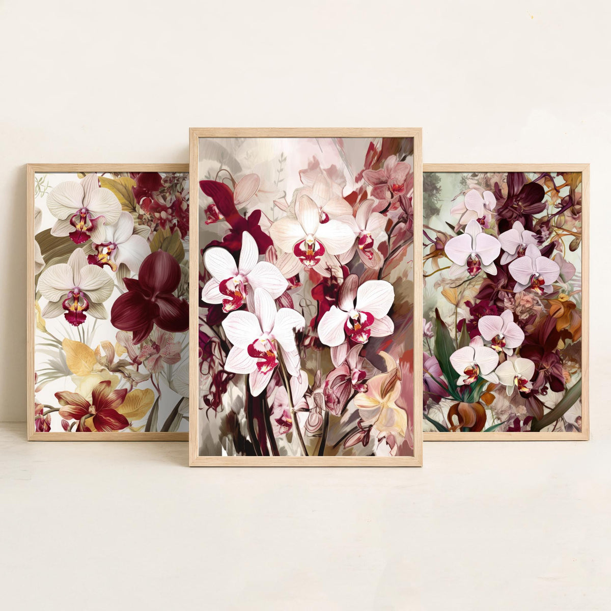 Victorian Orchids Set of Three Art Prints - Burgundy, Blush and Gold Blooms - Lush Botanical Poster Illustration