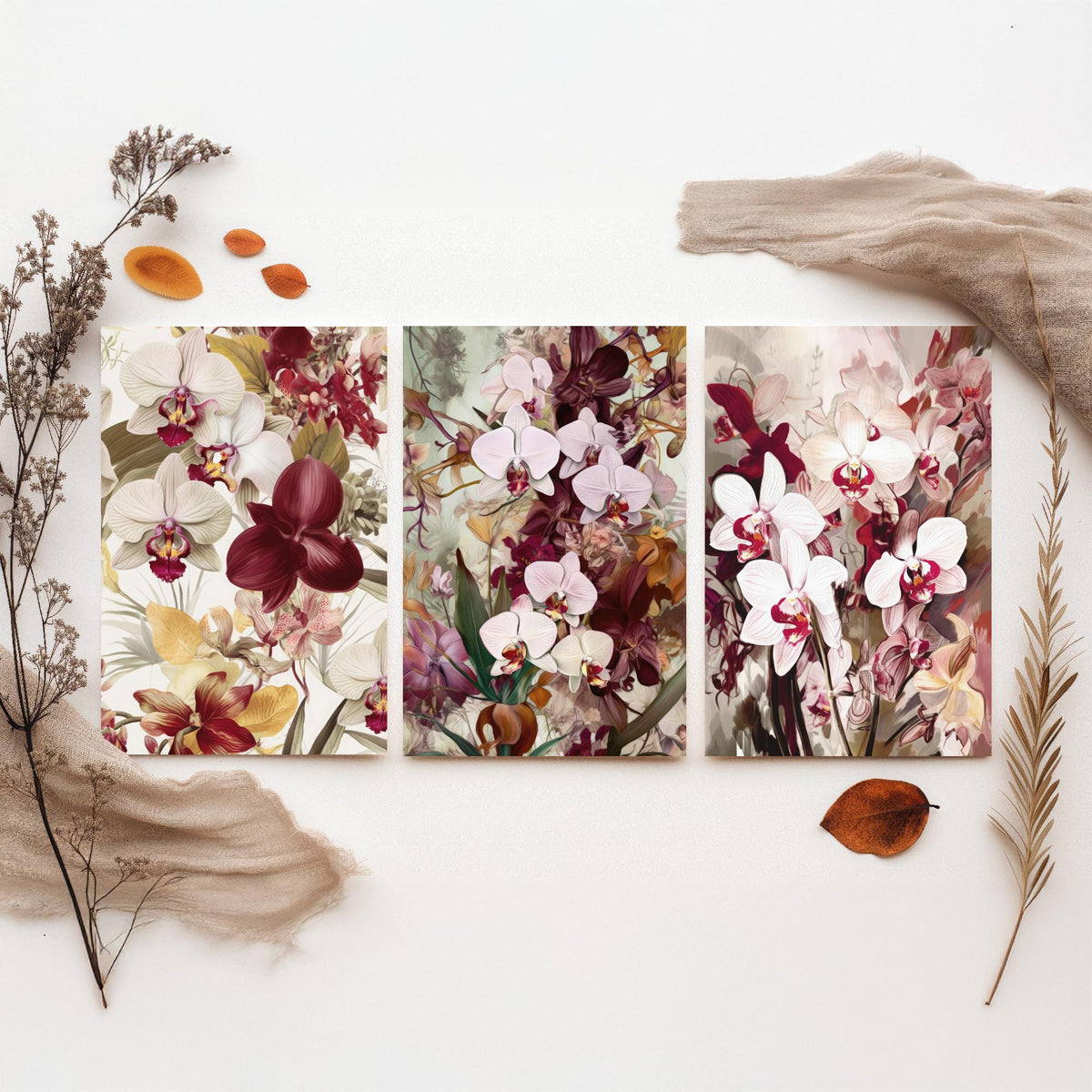 Victorian Orchids Set of Three Art Prints - Burgundy, Blush and Gold Blooms - Lush Botanical Poster Illustration