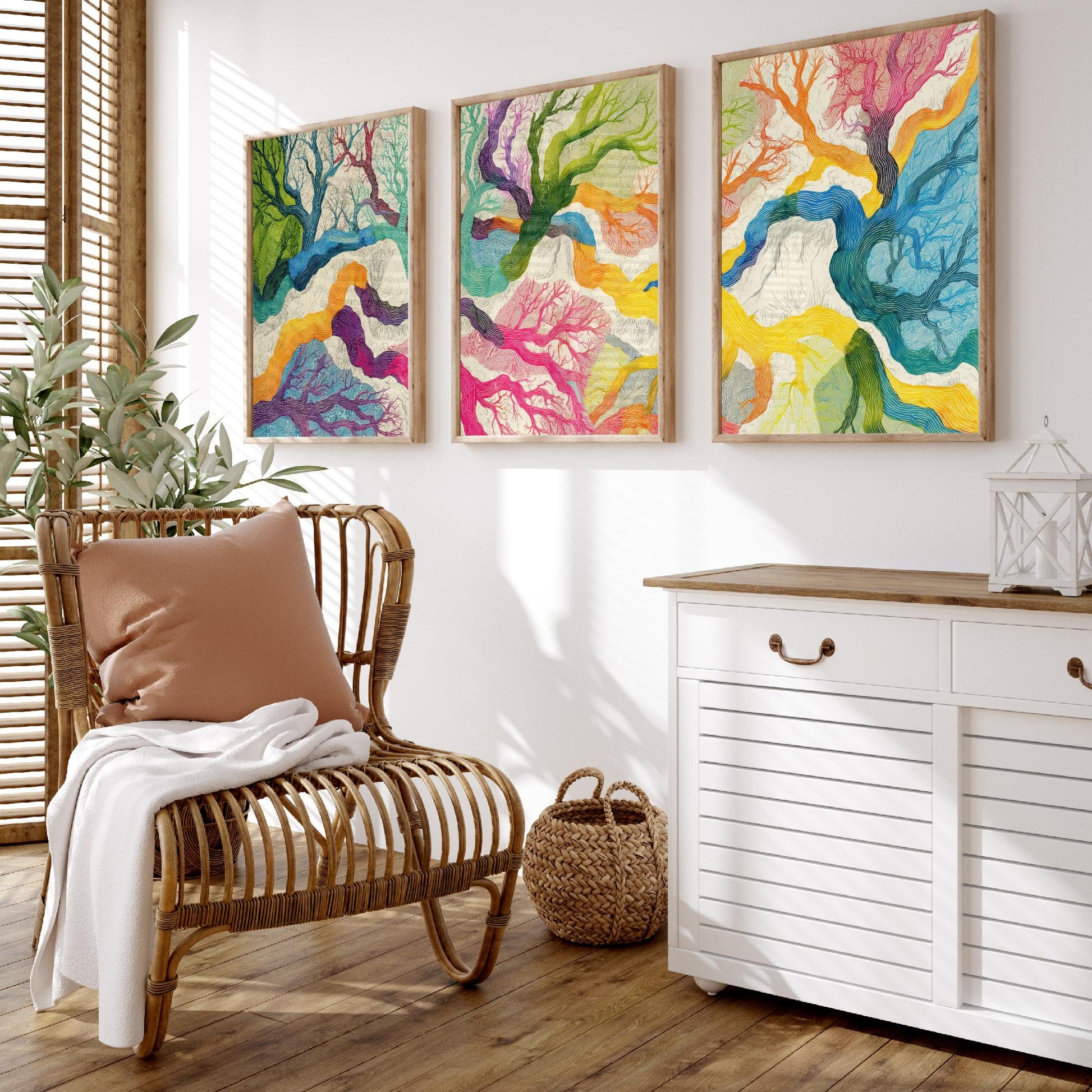 Colourful Winding Trees Set of Three Art Prints - 3 Rainbow Whimsical Tree Posters - Photo Wall Art Gift Nature Illustration V1
