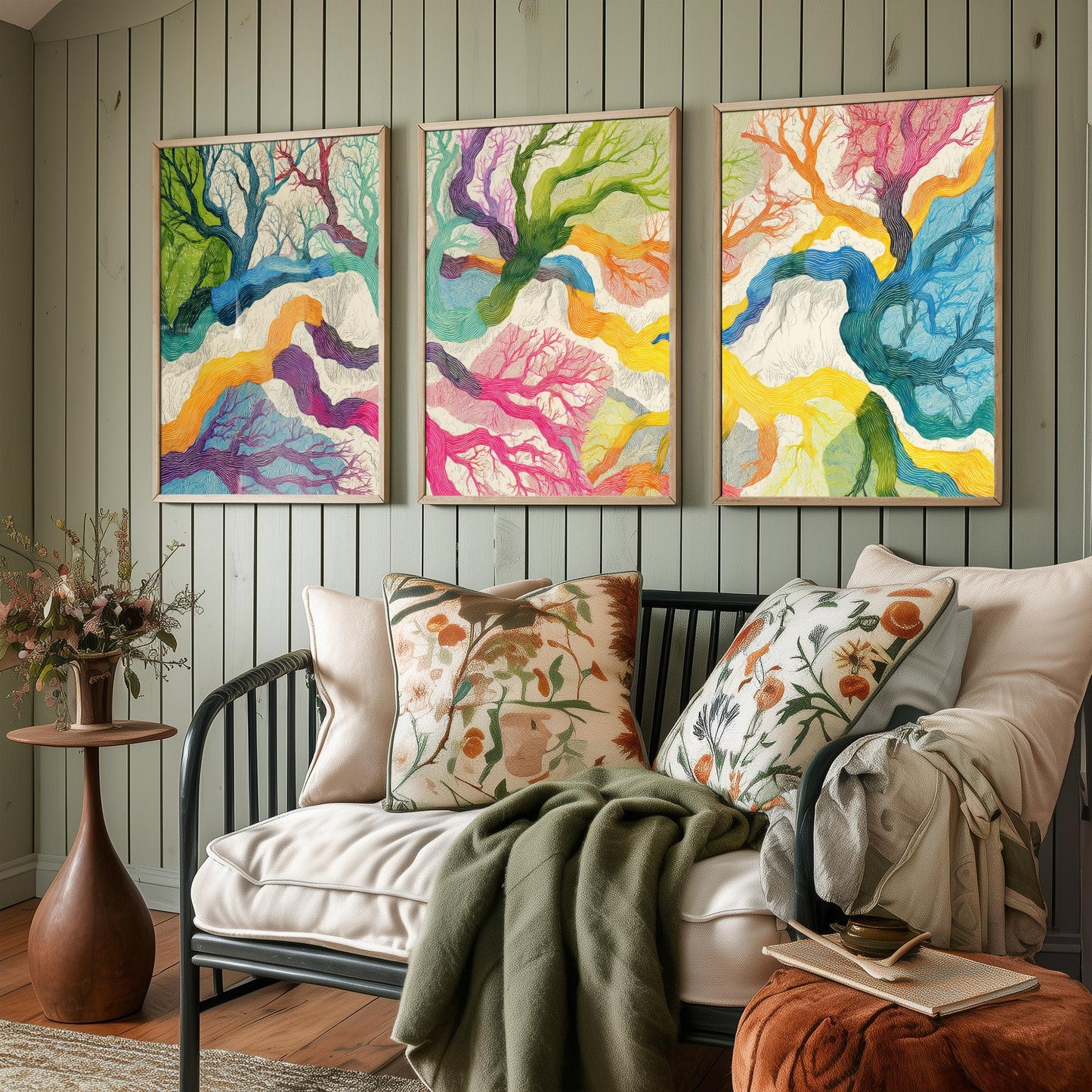 Colourful Winding Trees Set of Three Art Prints - 3 Rainbow Whimsical Tree Posters - Photo Wall Art Gift Nature Illustration V1