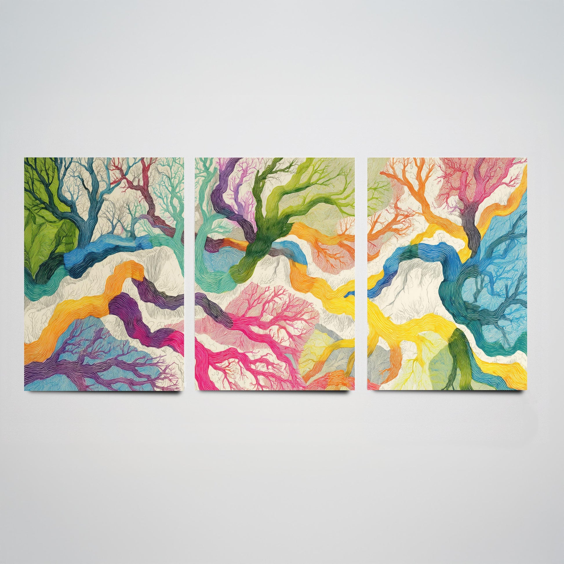Colourful Winding Trees Set of Three Art Prints - 3 Rainbow Whimsical Tree Posters - Photo Wall Art Gift Nature Illustration V1