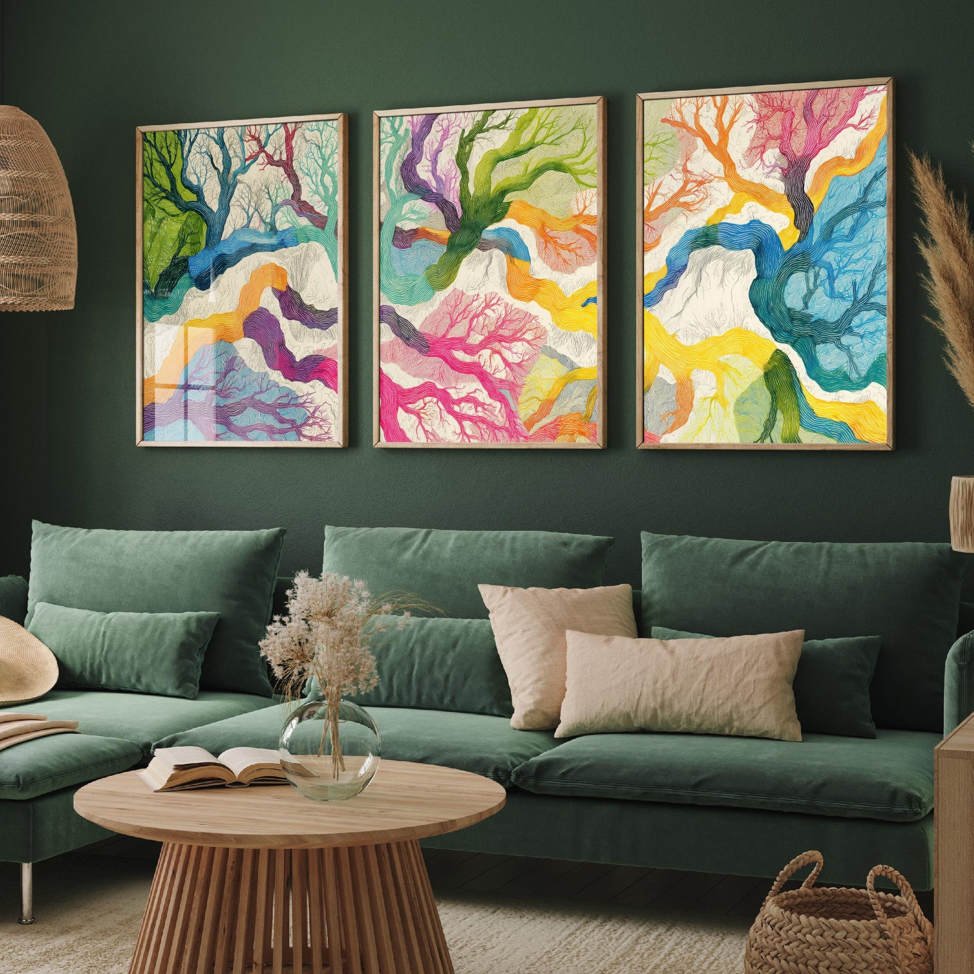Colourful Winding Trees Set of Three Art Prints - 3 Rainbow Whimsical Tree Posters - Photo Wall Art Gift Nature Illustration V1