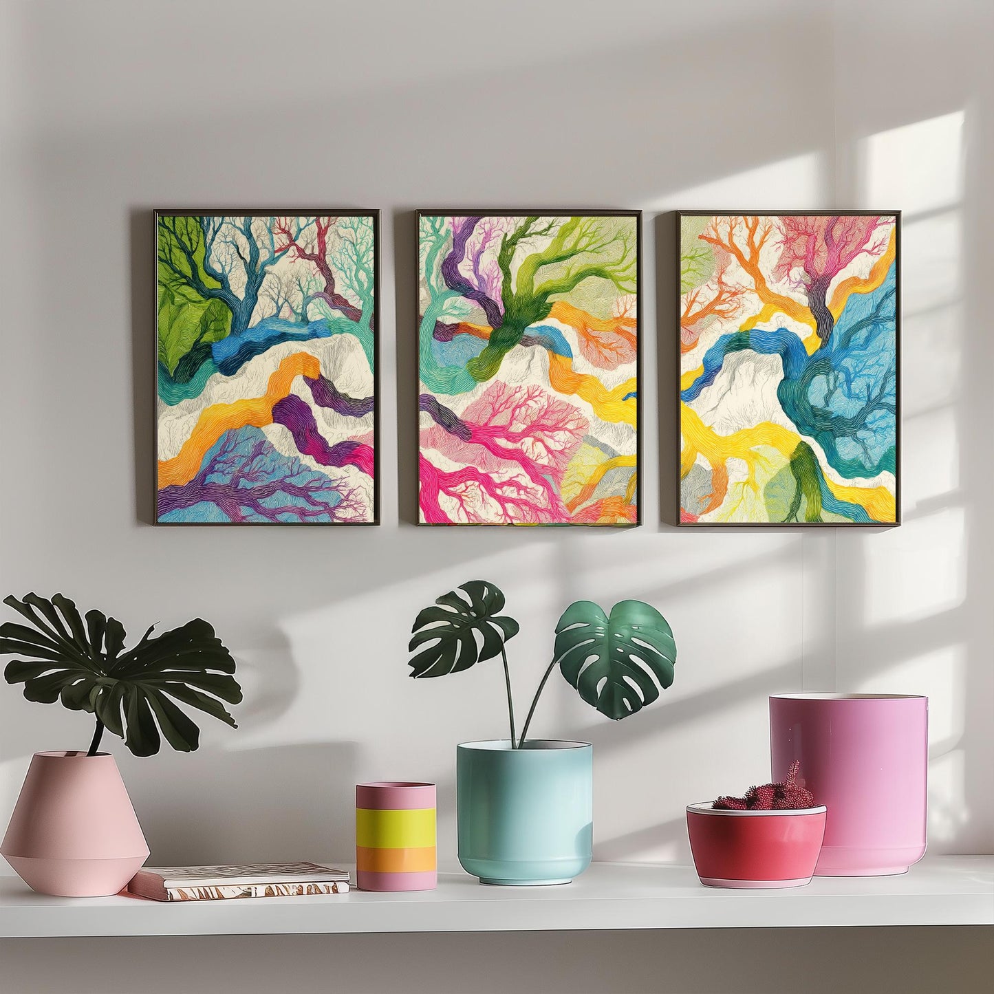 Colourful Winding Trees Set of Three Art Prints - 3 Rainbow Whimsical Tree Posters - Photo Wall Art Gift Nature Illustration V1