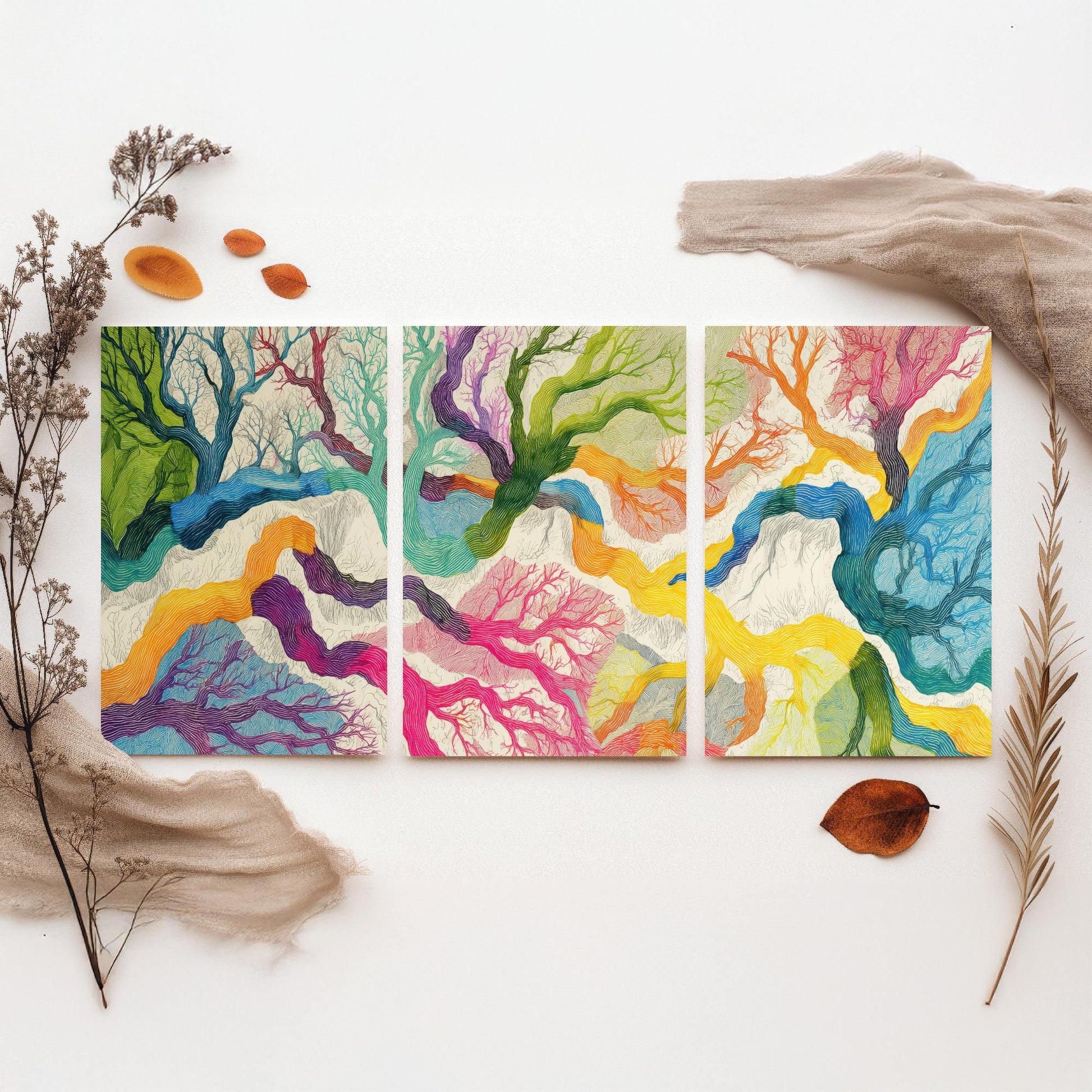 Colourful Winding Trees Set of Three Art Prints - 3 Rainbow Whimsical Tree Posters - Photo Wall Art Gift Nature Illustration V1