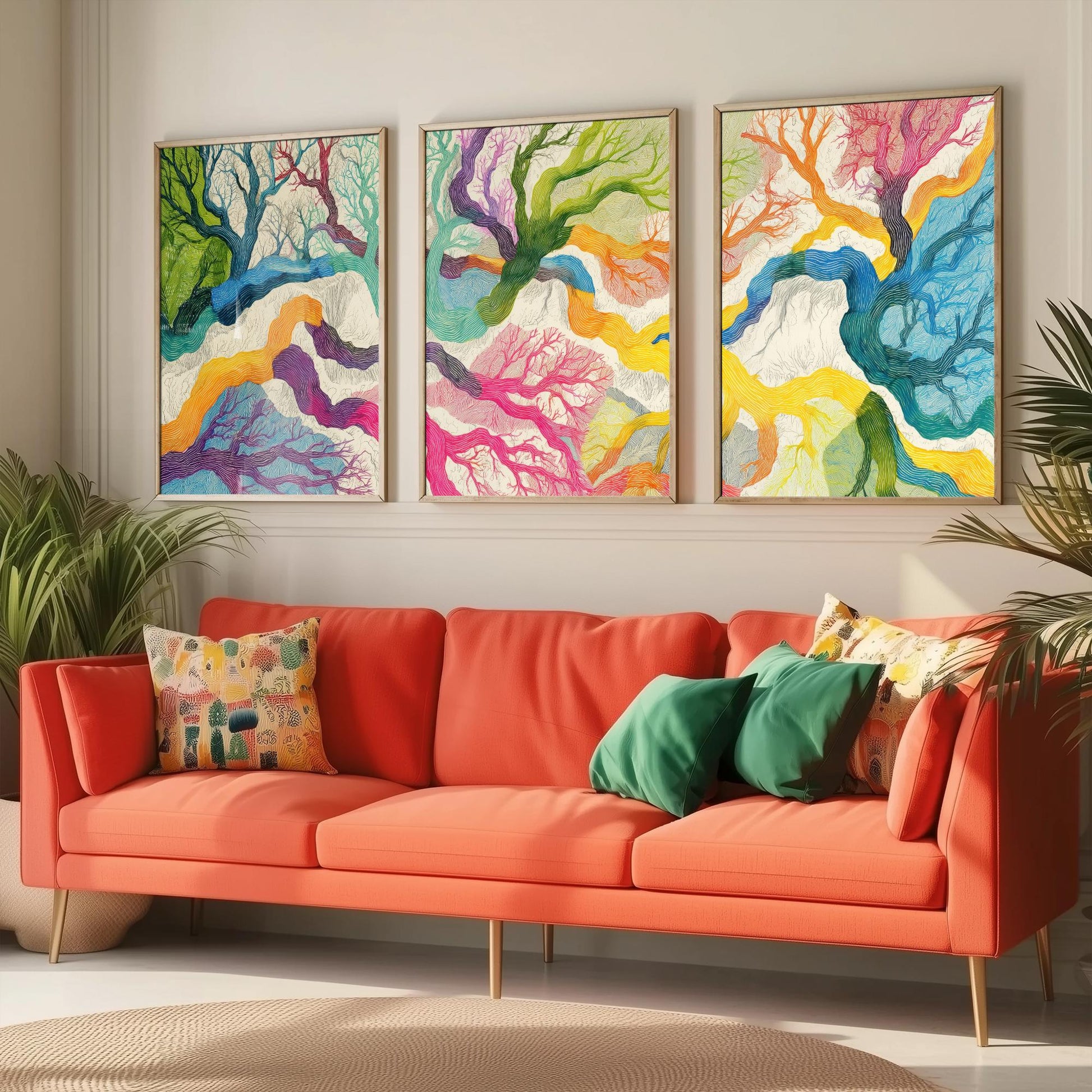Colourful Winding Trees Set of Three Art Prints - 3 Rainbow Whimsical Tree Posters - Photo Wall Art Gift Nature Illustration V1