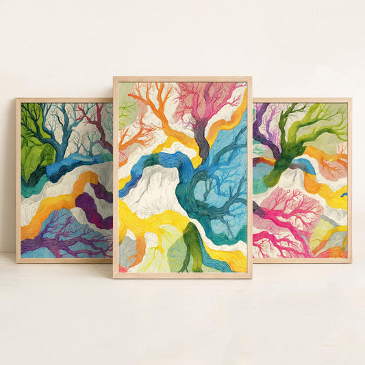 Colourful Winding Trees Set of Three Art Prints - 3 Rainbow Whimsical Tree Posters - Photo Wall Art Gift Nature Illustration V1